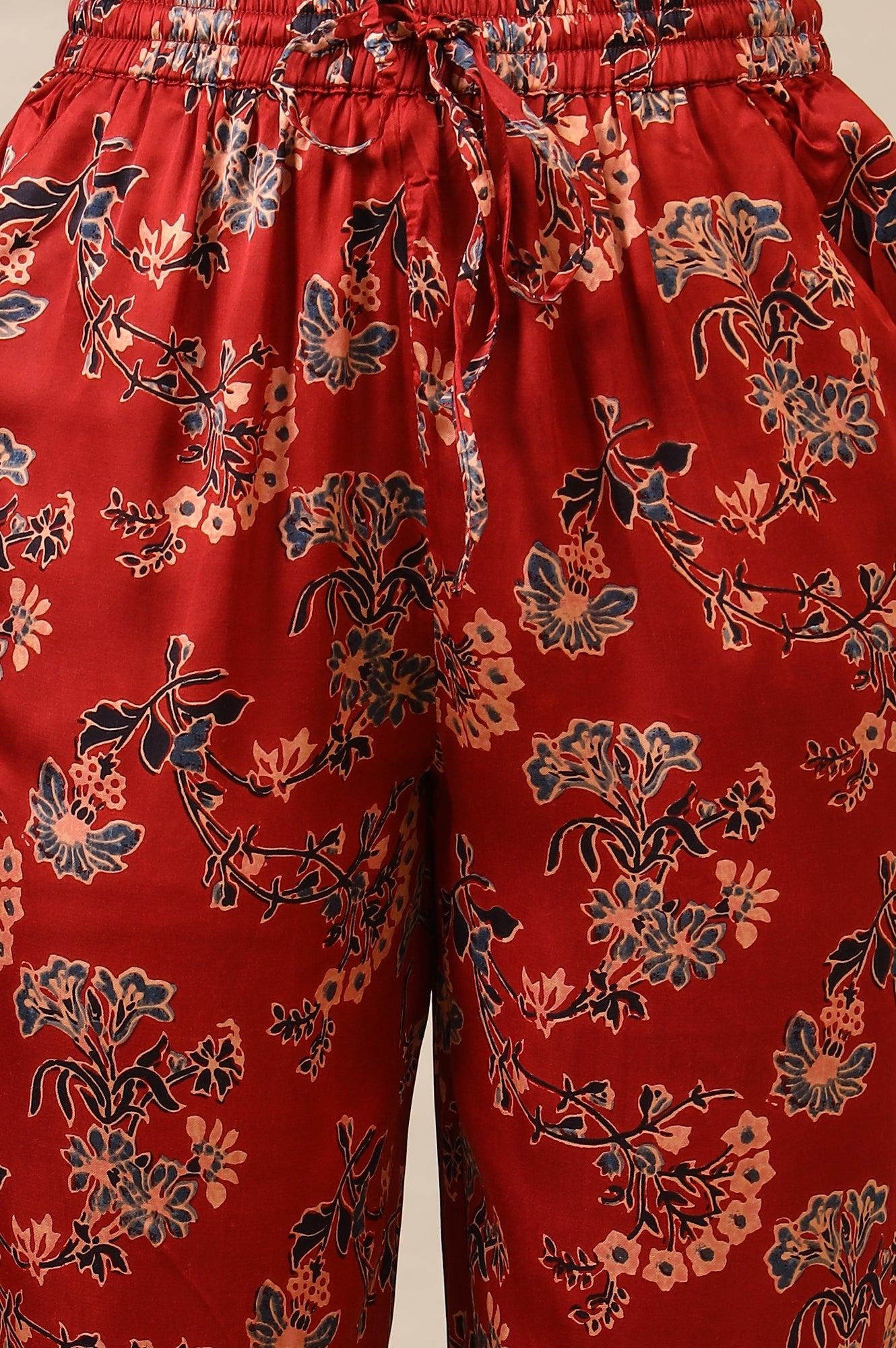 Red Ajrakh Printed Kurta, Straight Pants and Dupatta Set in Modal Satin