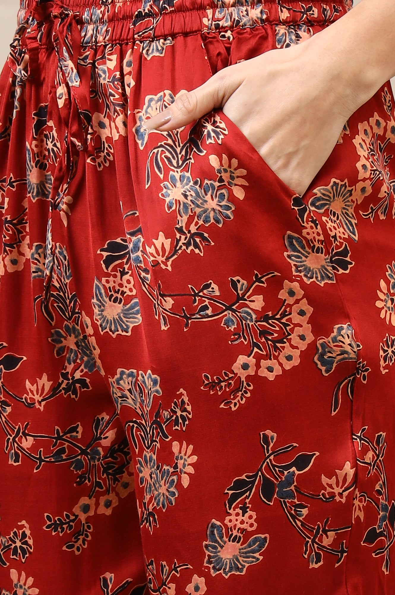 Red Ajrakh Printed Kurta, Straight Pants and Dupatta Set in Modal Satin