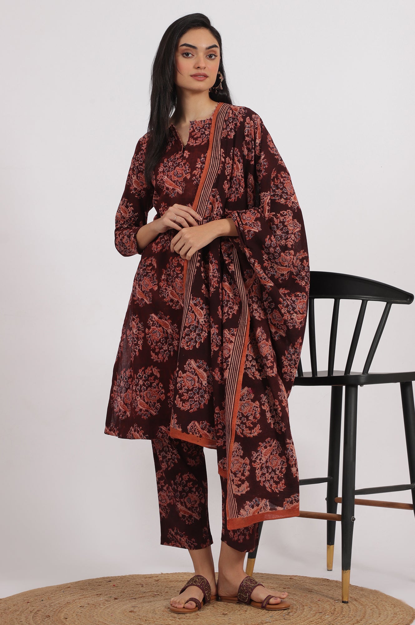 Dark Wine Kalamkari Printed Kurta, Straight Pants and Dupatta Set