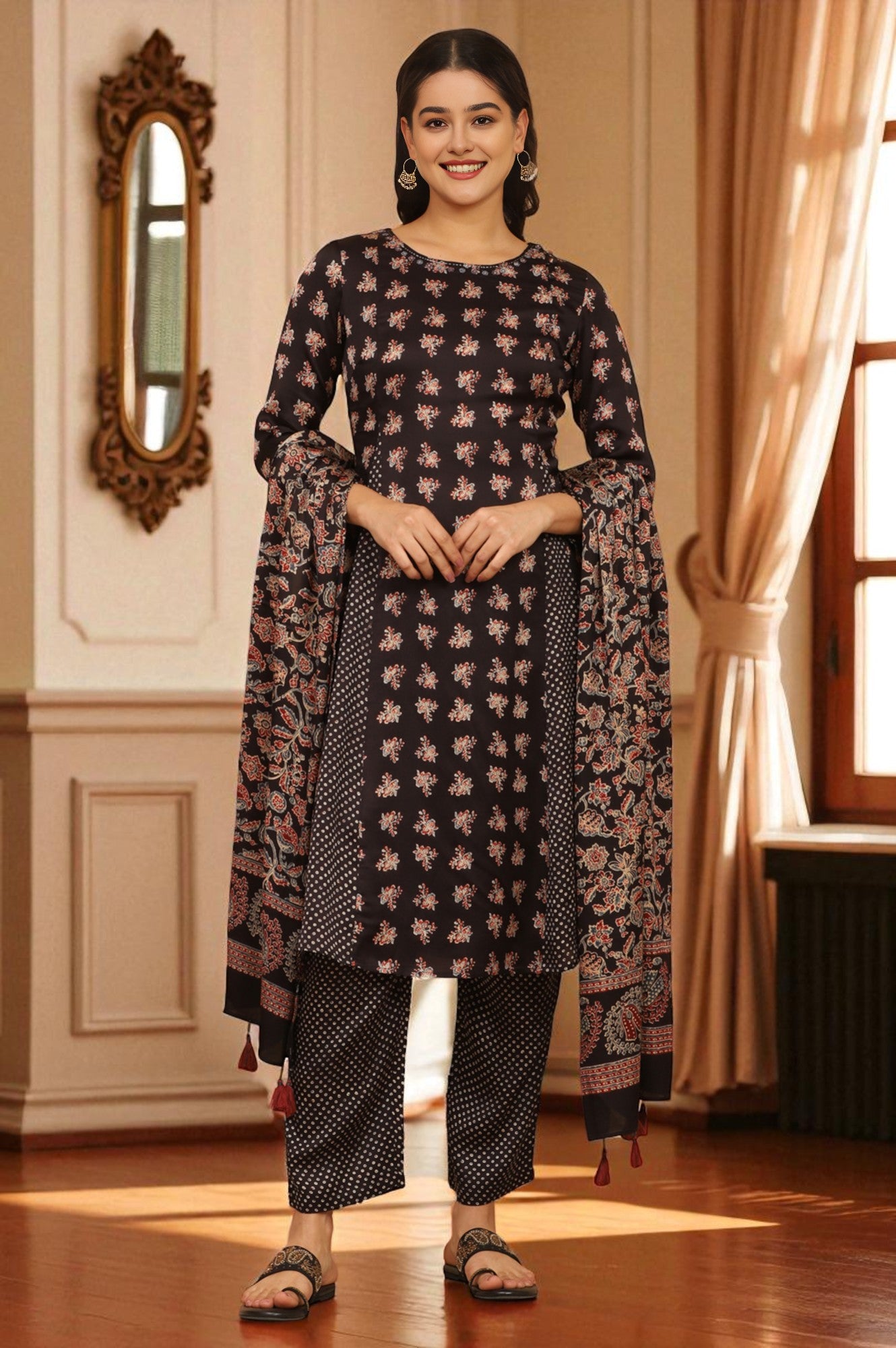 Black Ajrakh Printed Flared Kurta, Straight Pants and Dupatta Set in Modal Satin