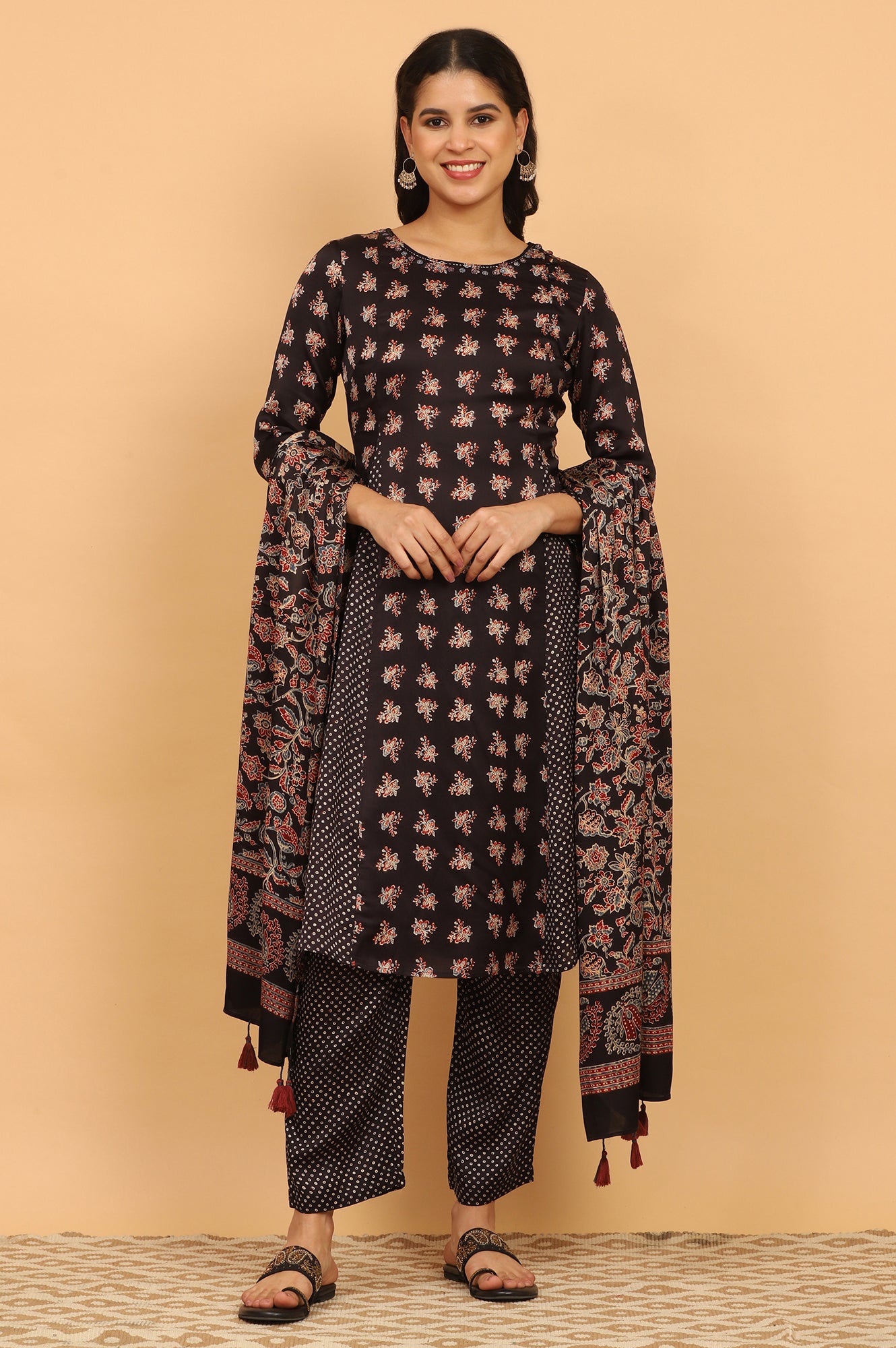 Black Ajrakh Printed Flared Kurta, Straight Pants and Dupatta Set in Modal Satin