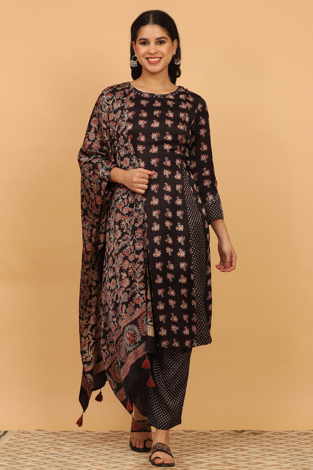 Black Ajrakh Printed Flared Kurta, Straight Pants and Dupatta Set in Modal Satin
