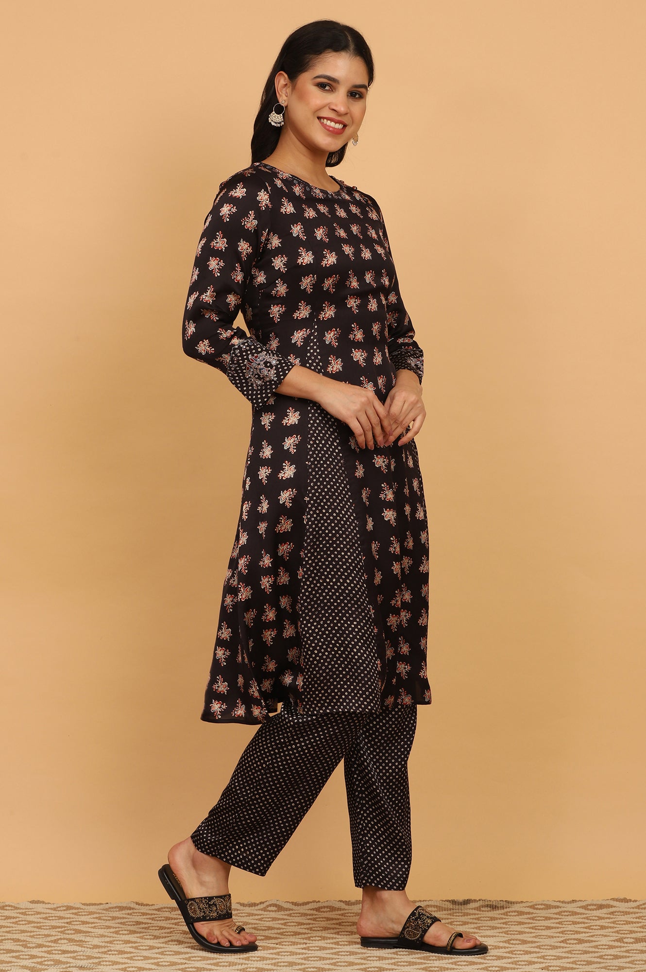 Black Ajrakh Printed Flared Kurta, Straight Pants and Dupatta Set in Modal Satin