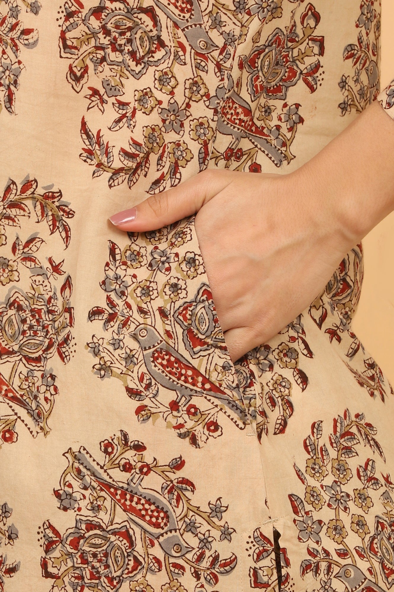 Beige Kalamkari Printed Cotton Kurta, Pants with Dupatta Set