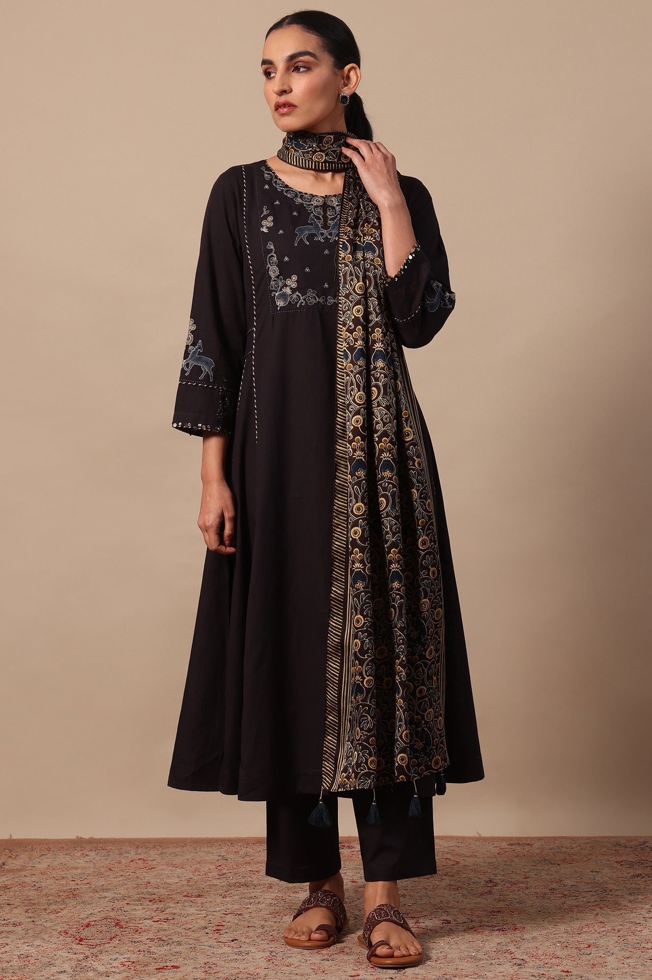 Printed Thread Embroidery Flared Pure Cotton Kurta & Straight Pants with Dupatta Set