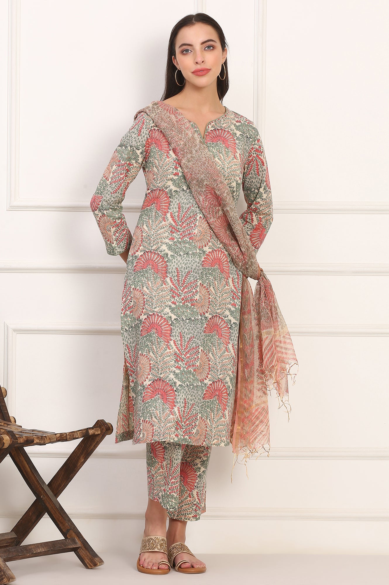 Off-White Floral Handblock Printed Pure Cotton Straight Kurta, Pants and Dupatta Set