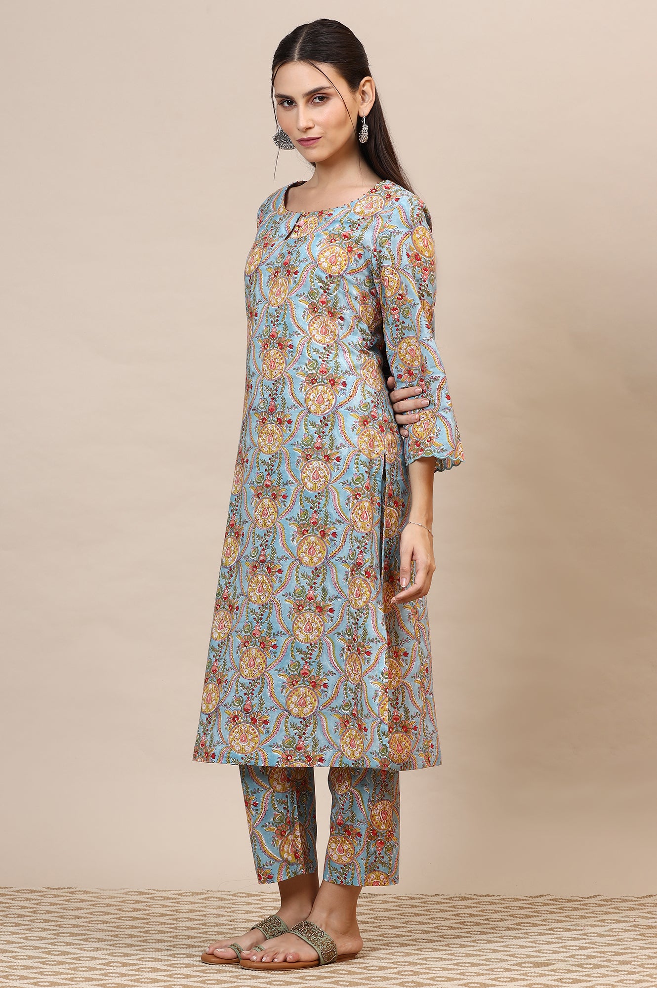 Blue Handblock Printed Kurta, Straight Pants and Dupatta Set