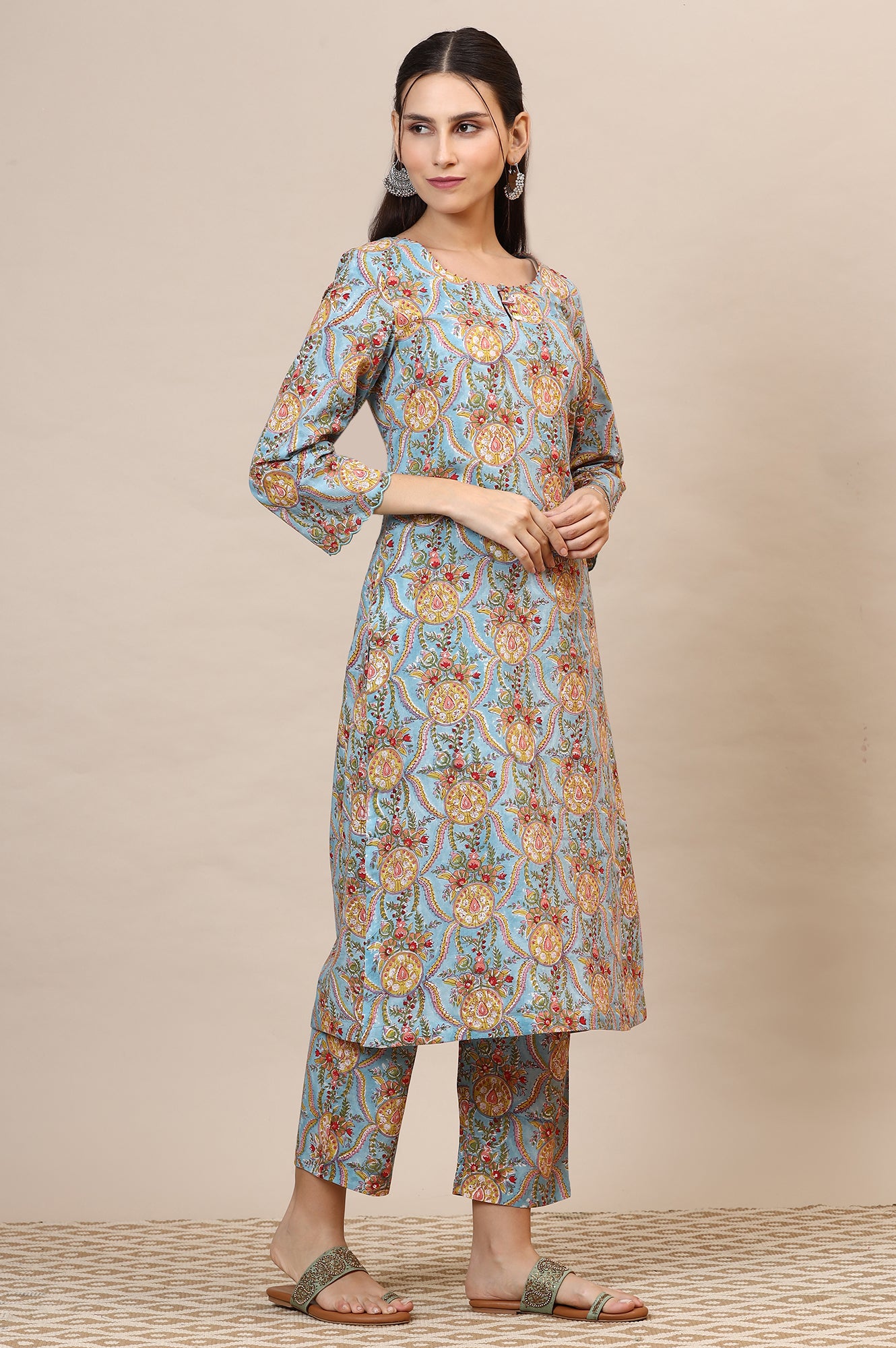 Blue Handblock Printed Kurta, Straight Pants and Dupatta Set