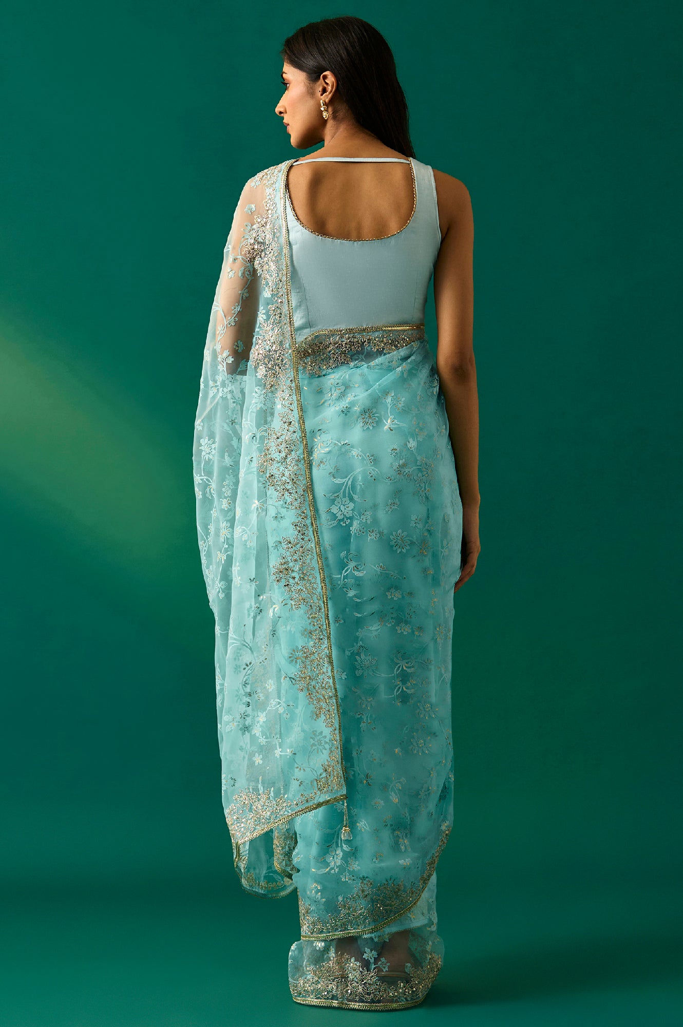 Light Blue Floral Printed Embroidered Zari Work Net Saree with Unstitched Blouse