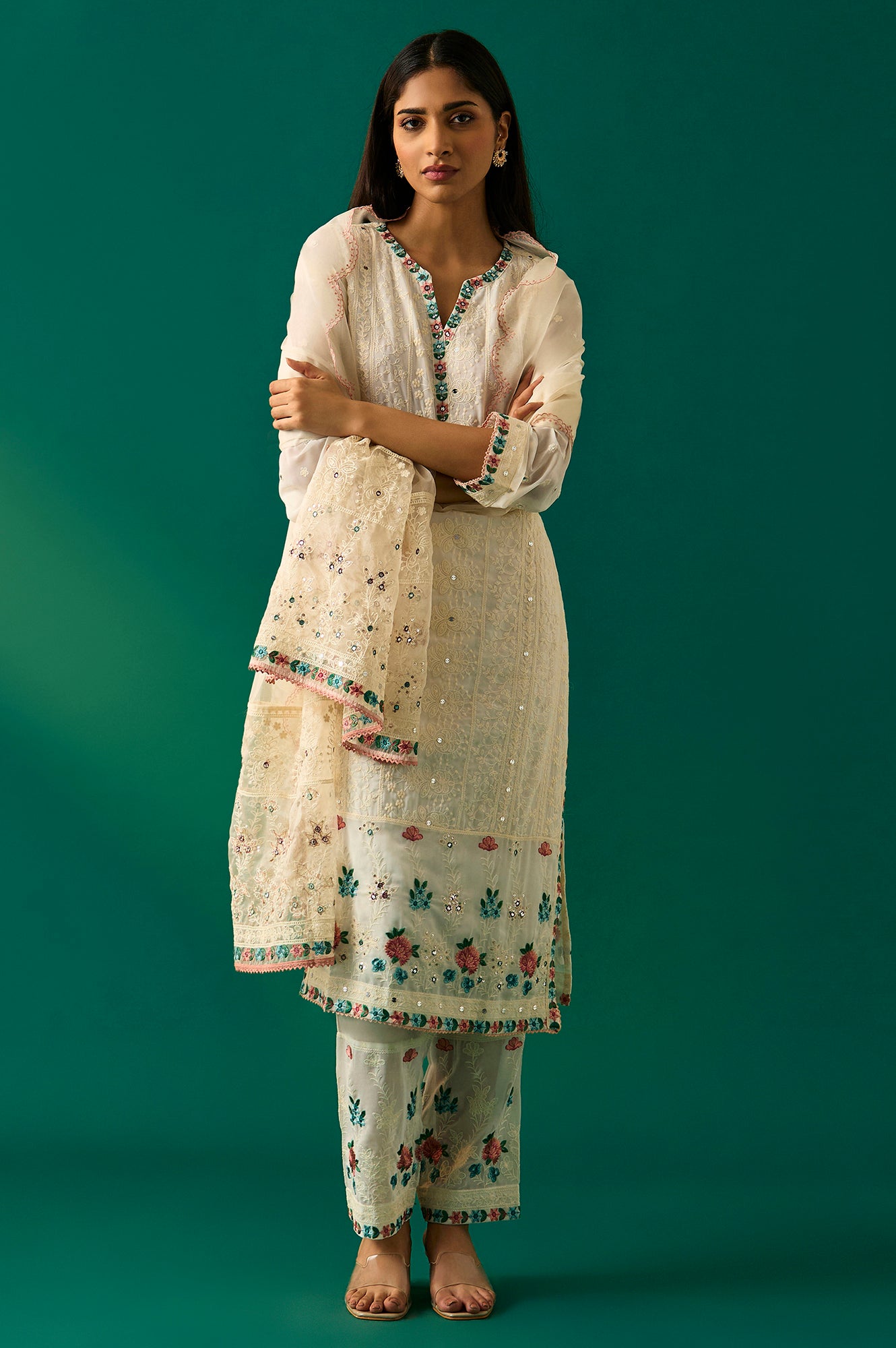 Women Off White Embroidered Straight Kurta Trousers With Dupatta Set