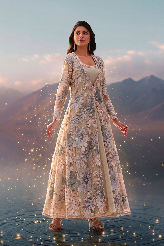 Beige Sequin Embroidered Long Jacket, Anarkali Dress and Churidar Set