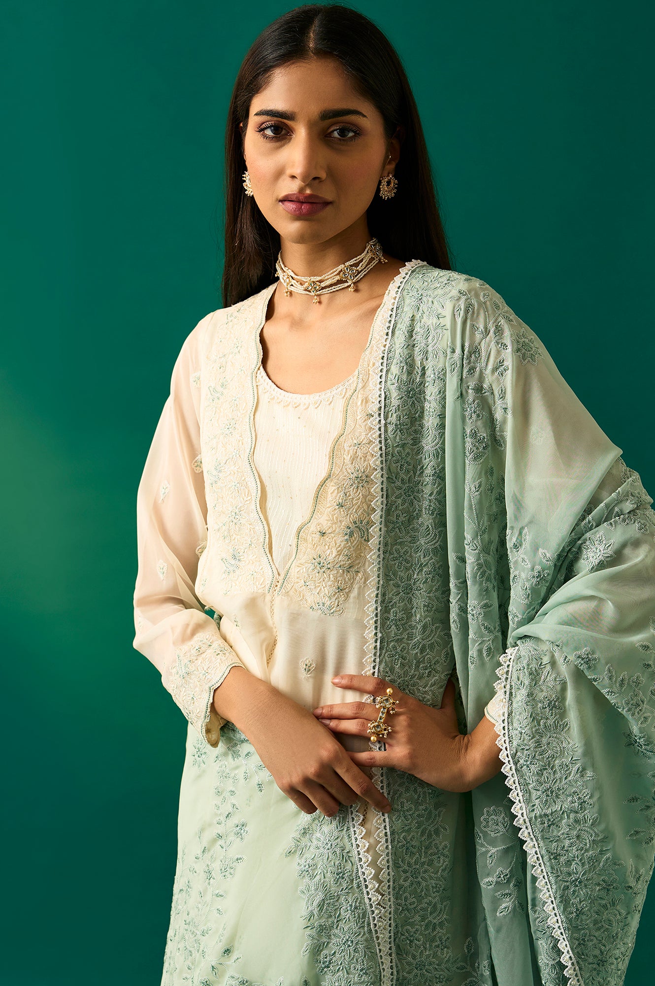 Off White Thread Embroidered Organza Flared Kurta, Pants and Dupatta Set