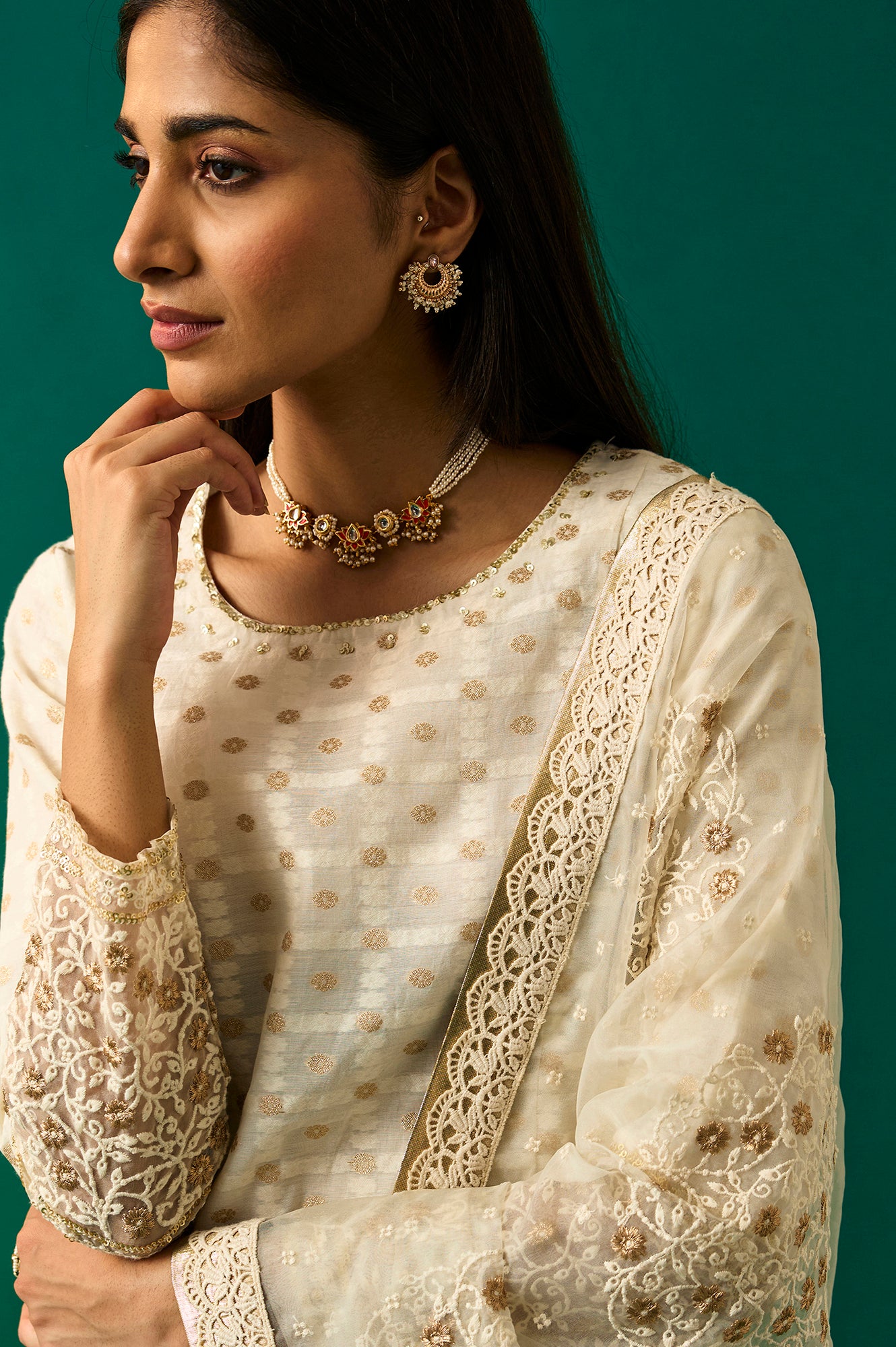 White Heavy Embroidered Anarkali Kurta, Pants and Dupatta Set