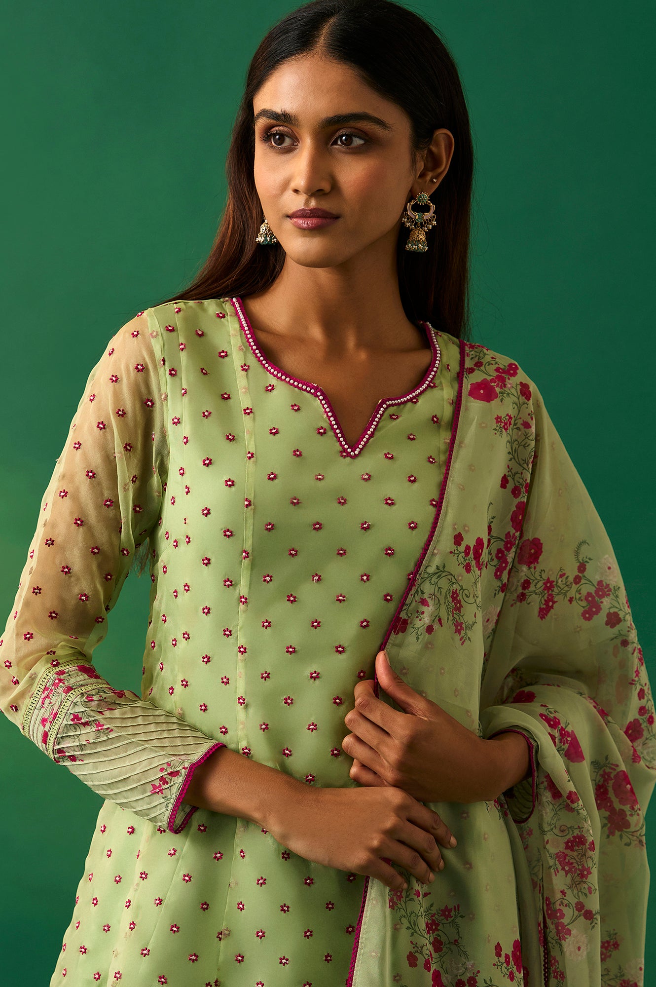 Green Embroidered Organza Flared Kurta, Pant and Printed Dupatta Set