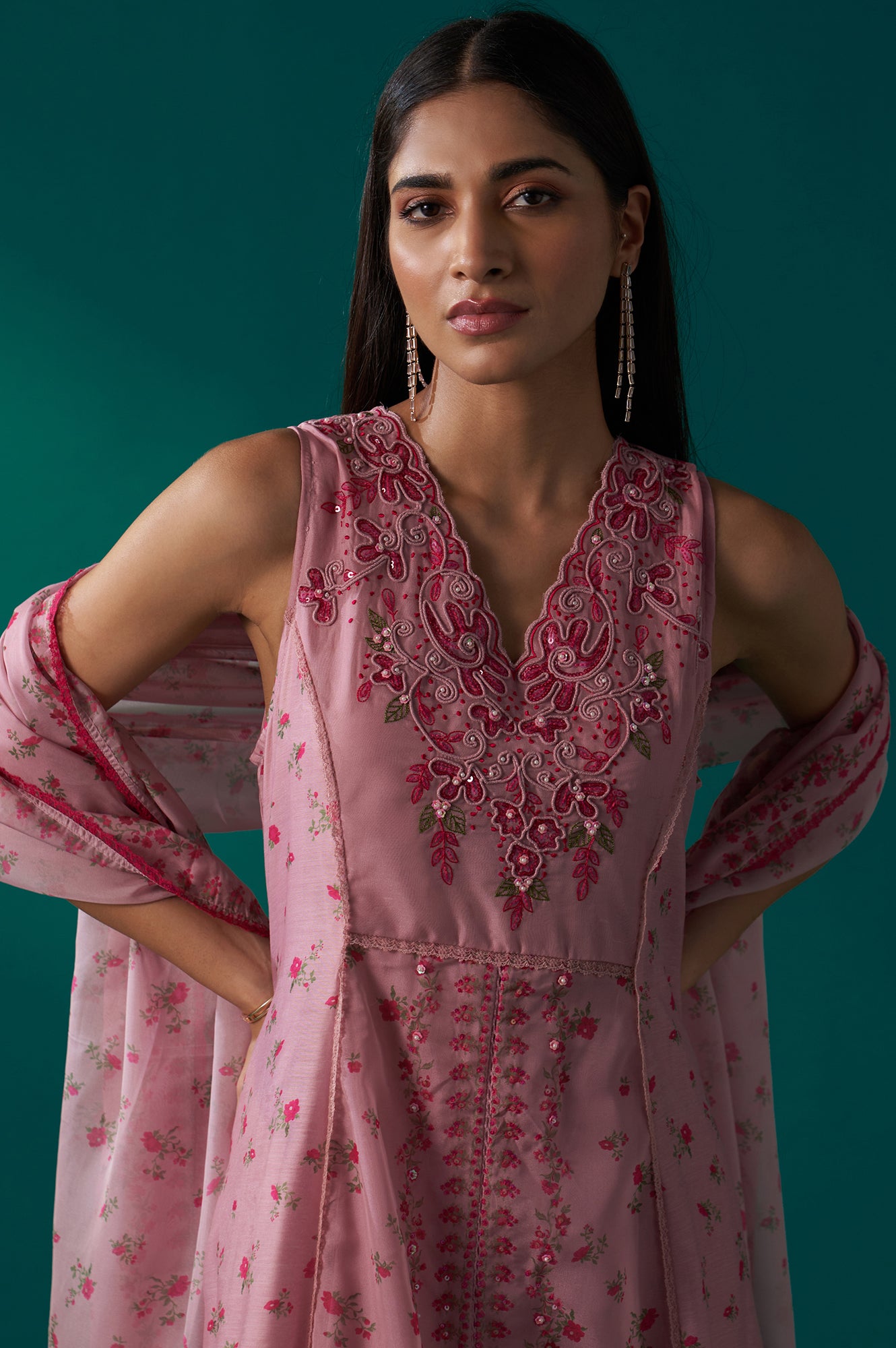 Pink Floral Printed Dori Embroidered Sleeveless Flared Kurta, Pants and Dupatta Set