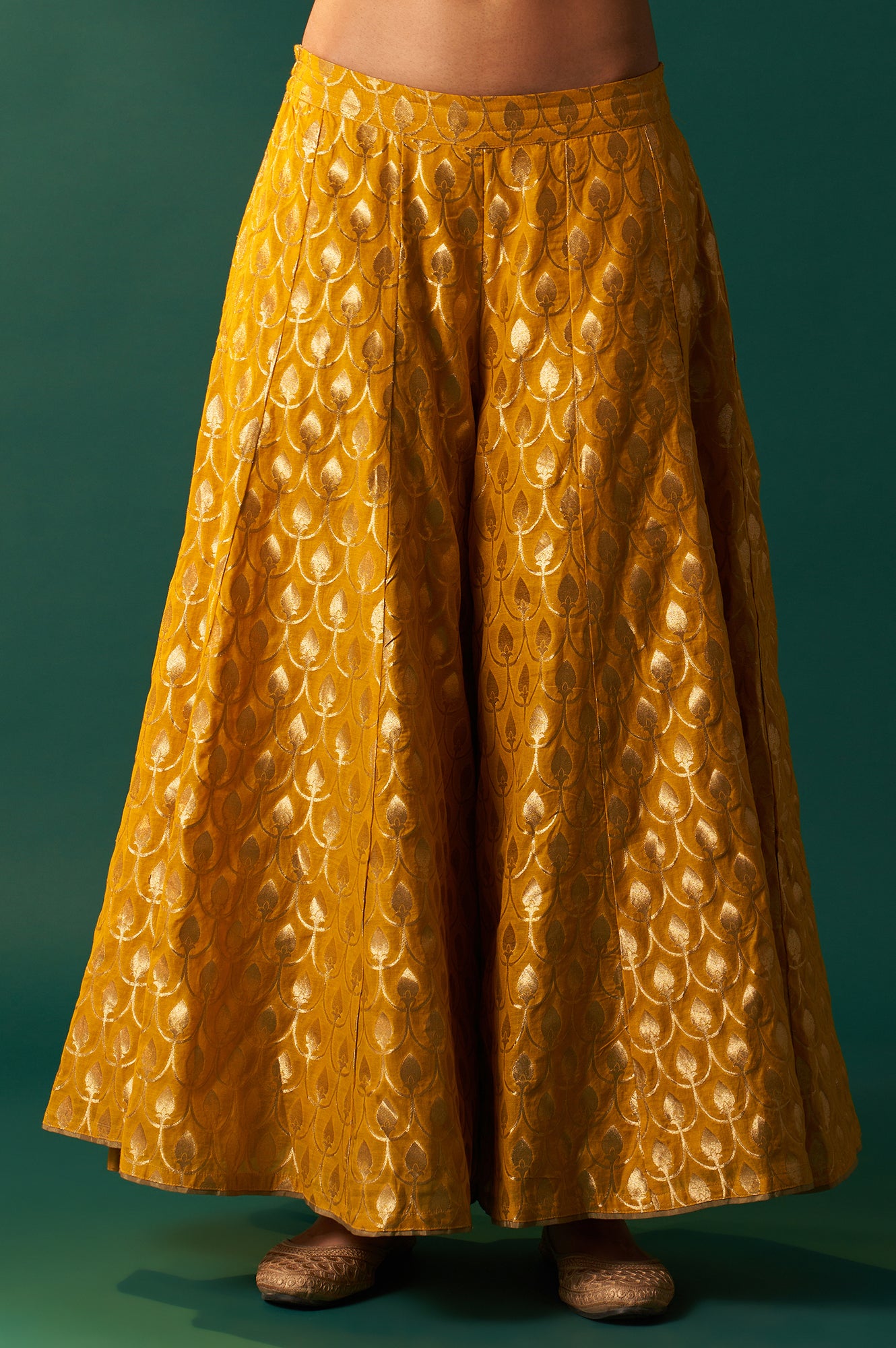 Mustard Solid Printed Silk Organza Straight Kurta, Culotte and Dupatta Set