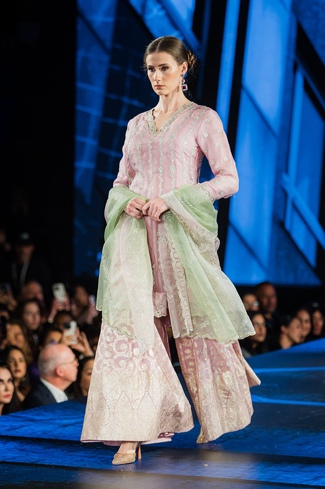 Lilac Embroidered Panelled Silk Organza Short Kurta with Culotte