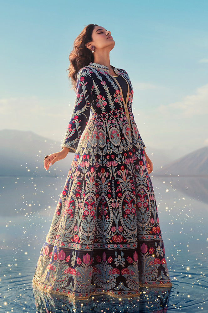 Navy Blue Aari Embroidery Panelled Jacket and Sleeveless Anarkali