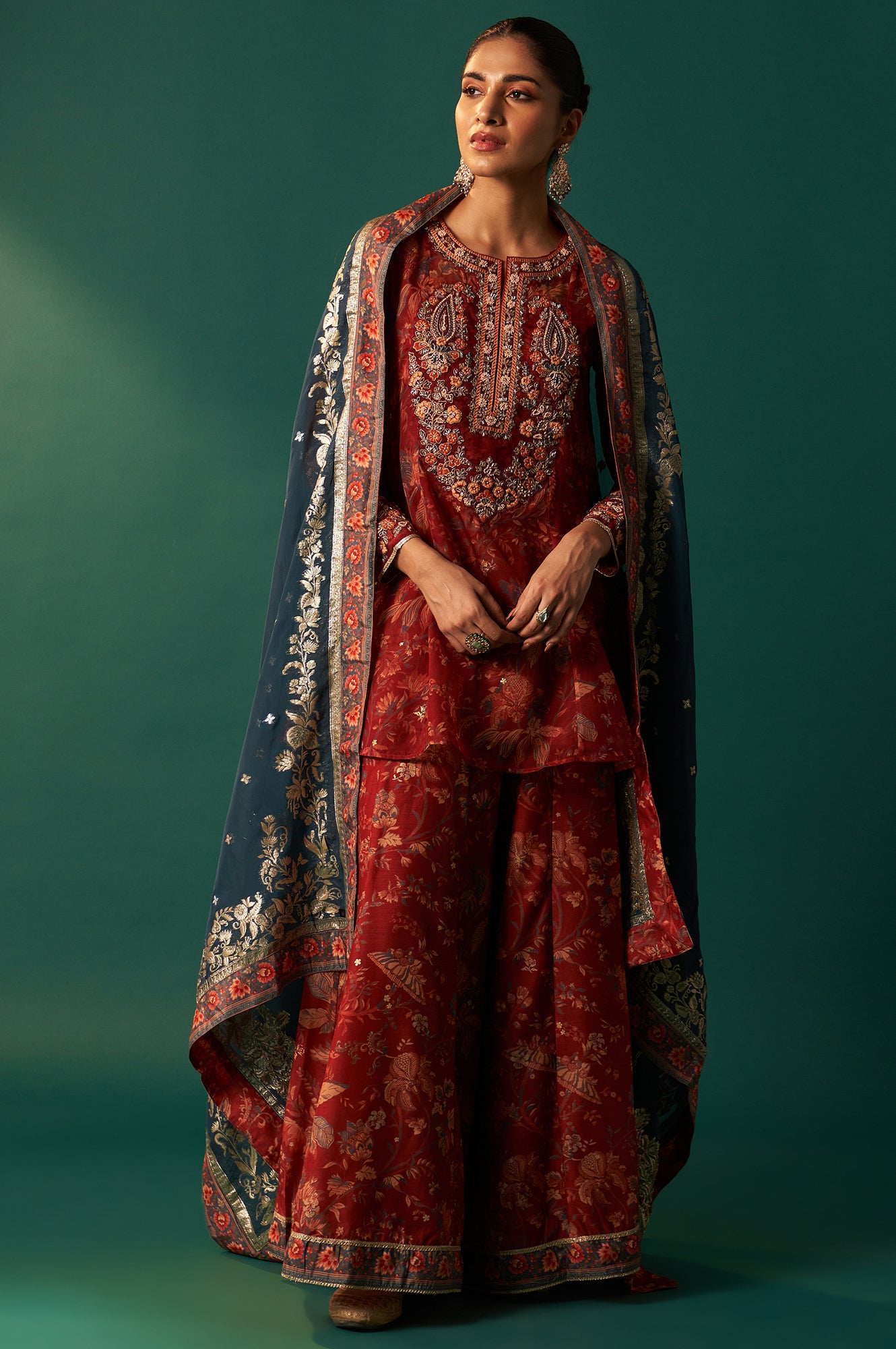Red Floral Printed Embroidered Flared Organza Kurta with Culottes and Dupatta Set