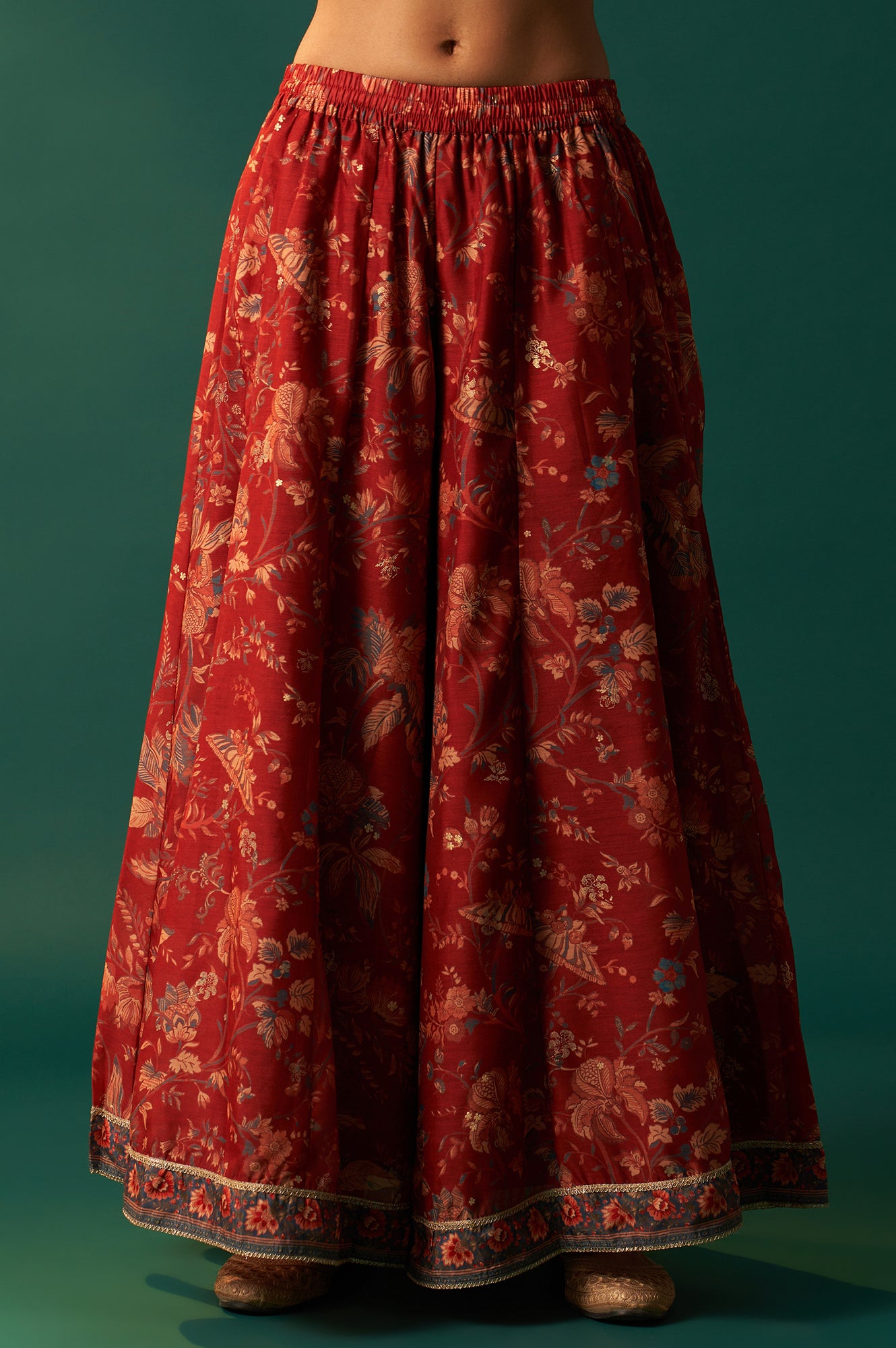 Red Floral Printed Embroidered Flared Organza Kurta with Culottes and Dupatta Set