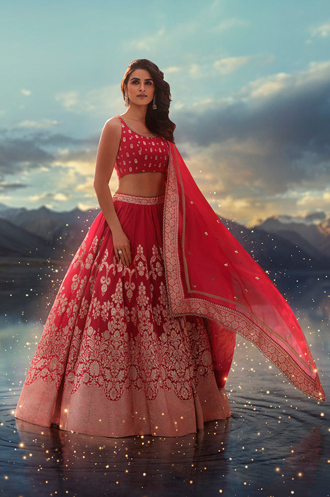 Red Zari Embroidered Jacquard Blouse with Flared Skirt and Dupatta Set