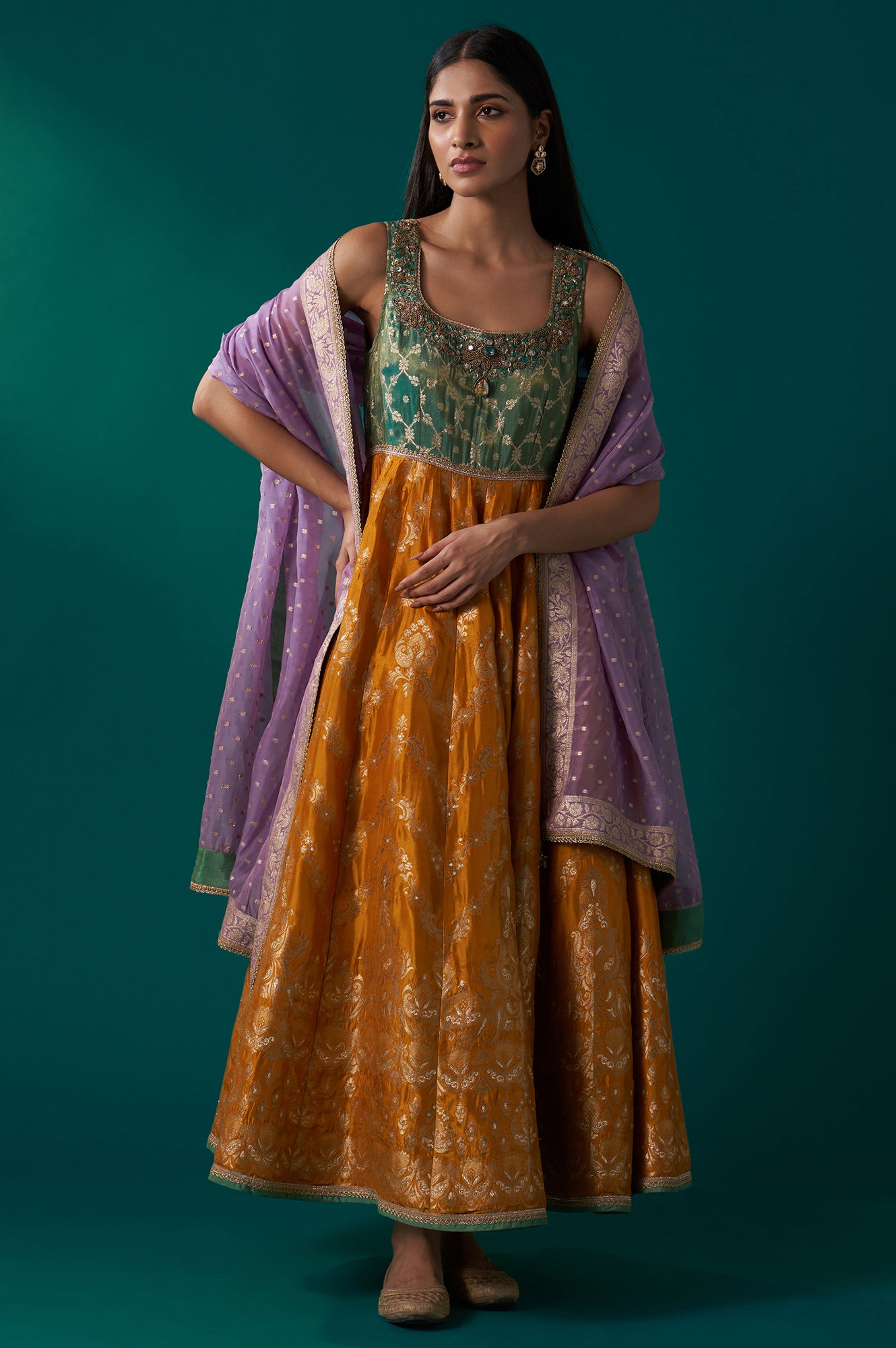 Teal Bandhani Dot Kurta Suit Set with Pearl Zardozi Neck & Ombre Leheriya Dupatta