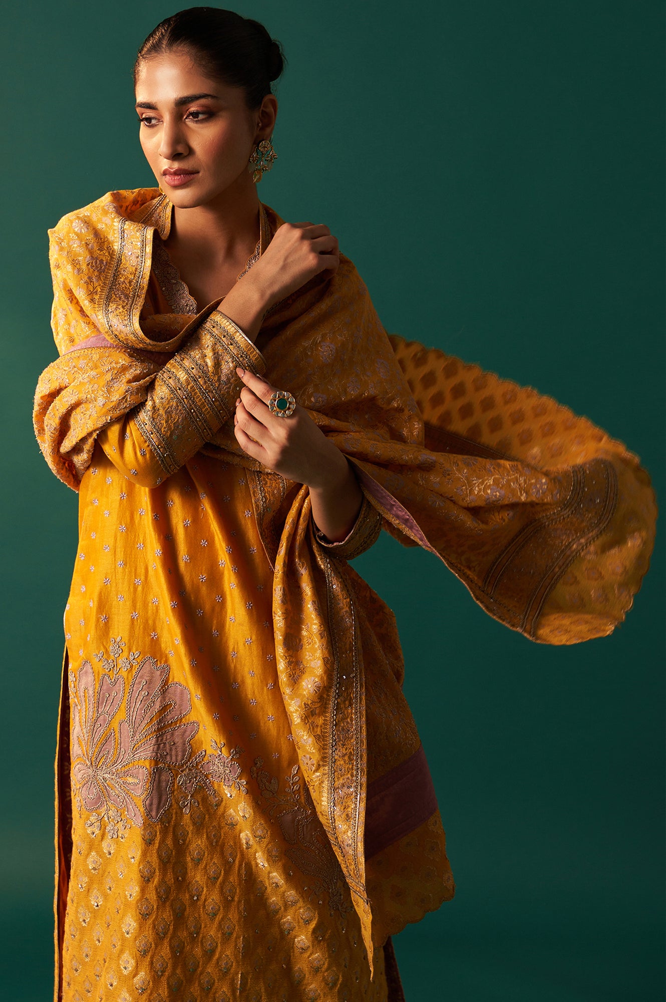 Yellow Embroidered Jacquard Straight Festive Kurta with Culotte