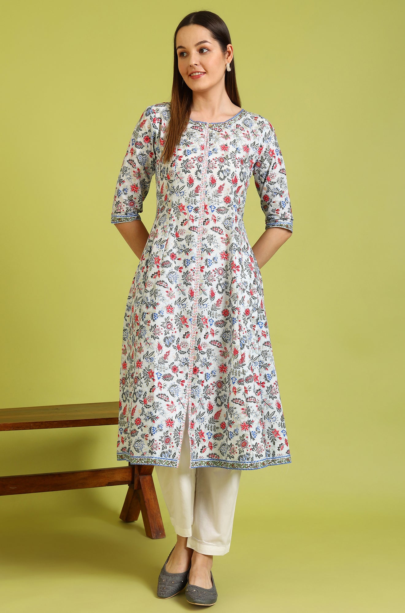 Light Blue Floral Glitter Printed Pure Cotton Anarkali Kurta