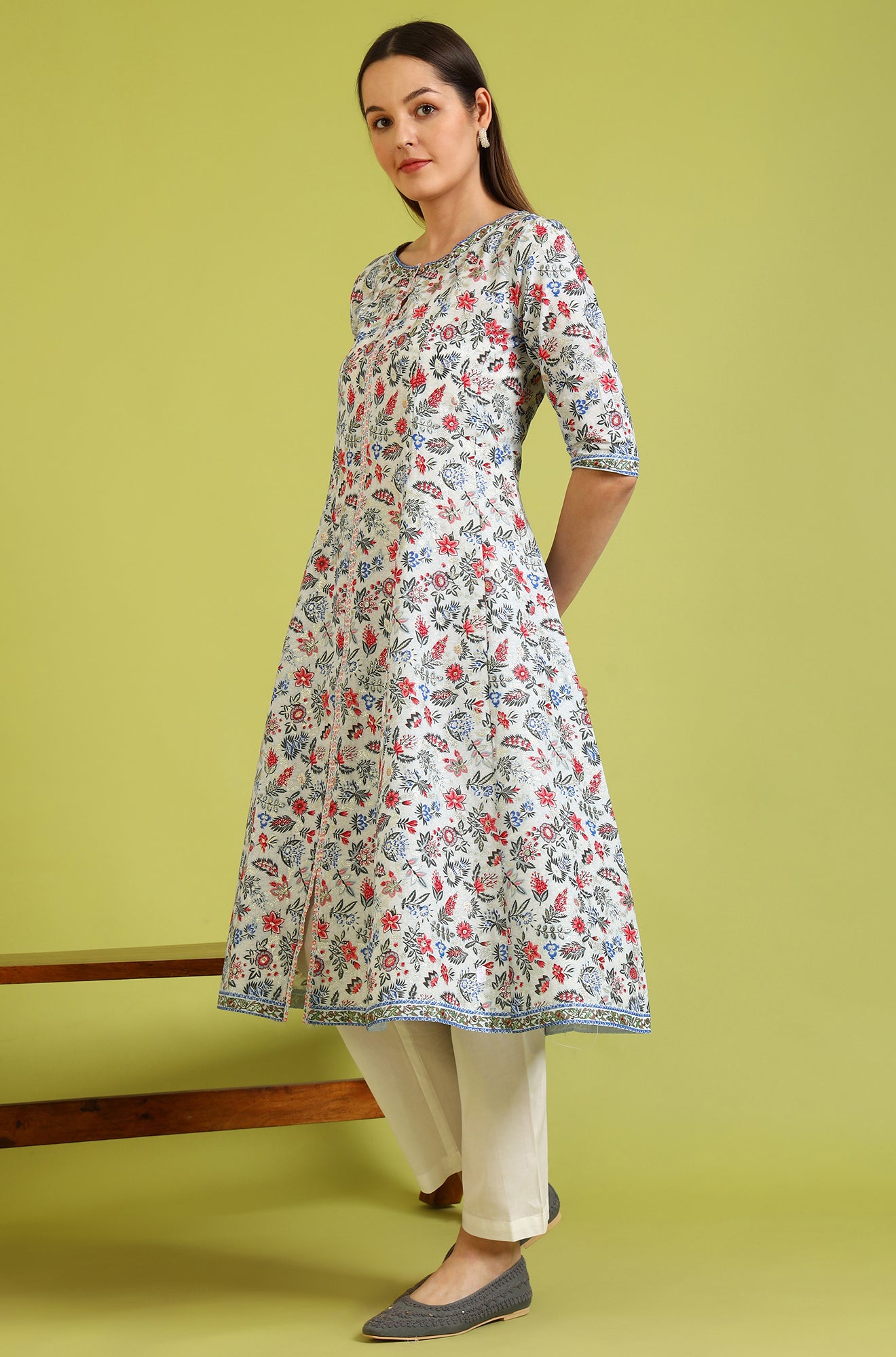 Light Blue Floral Glitter Printed Pure Cotton Anarkali Kurta