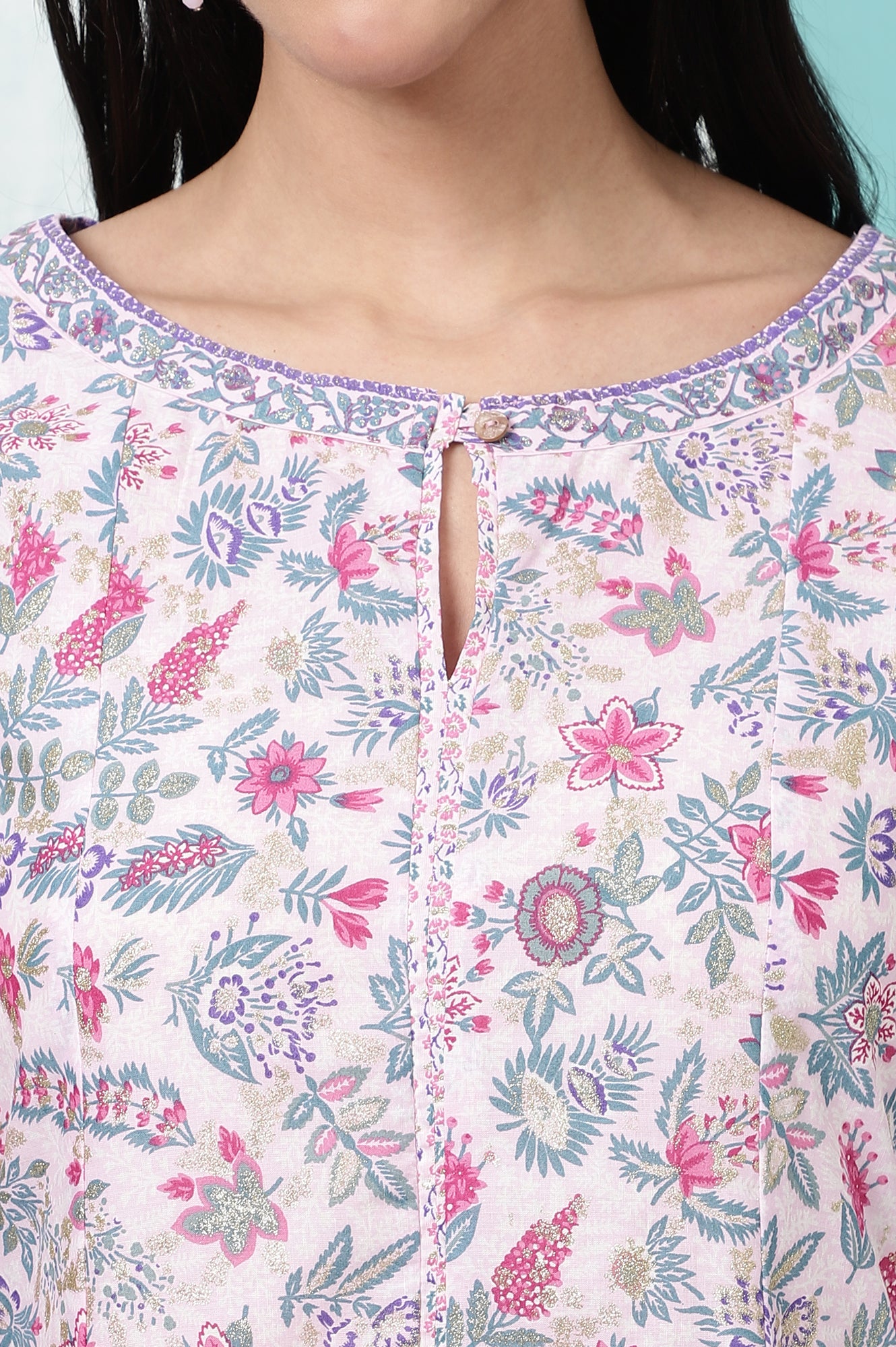 Pink Floral Glitter Printed Pure Cotton Anarkali Kurta