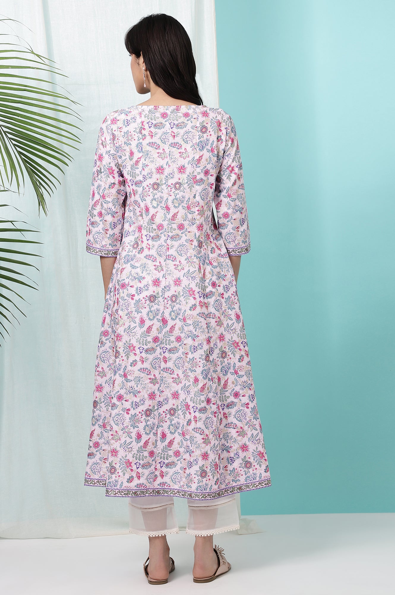 Pink Floral Glitter Printed Pure Cotton Anarkali Kurta
