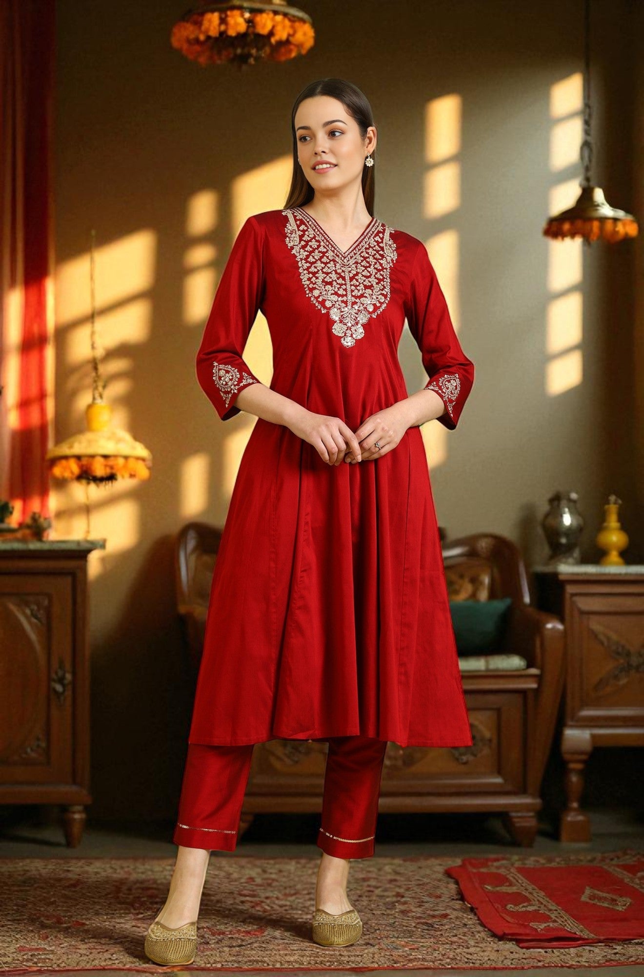 Dark Red Zari Embroidered Anarkali Kurta