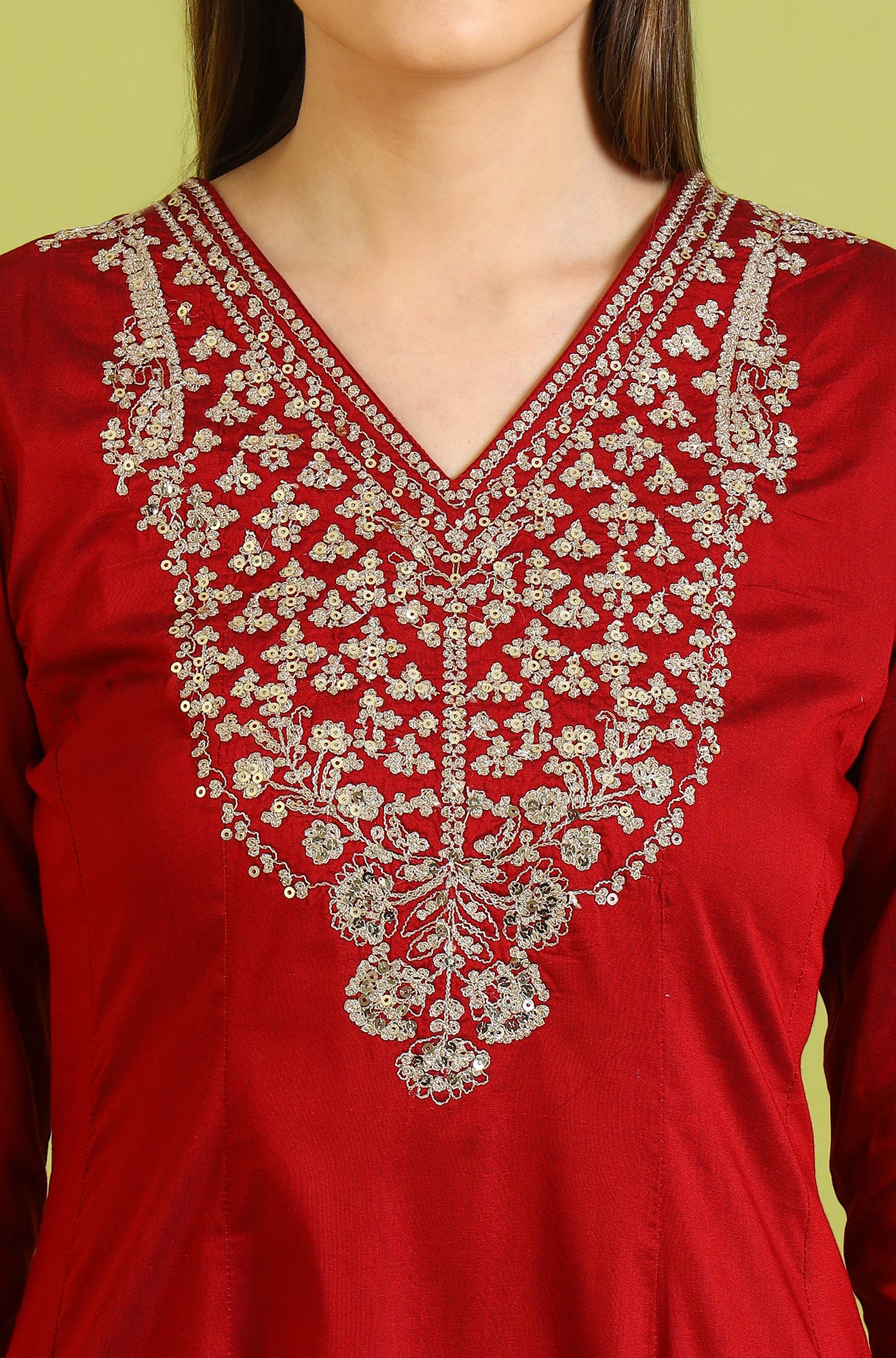 Dark Red Zari Embroidered Anarkali Kurta