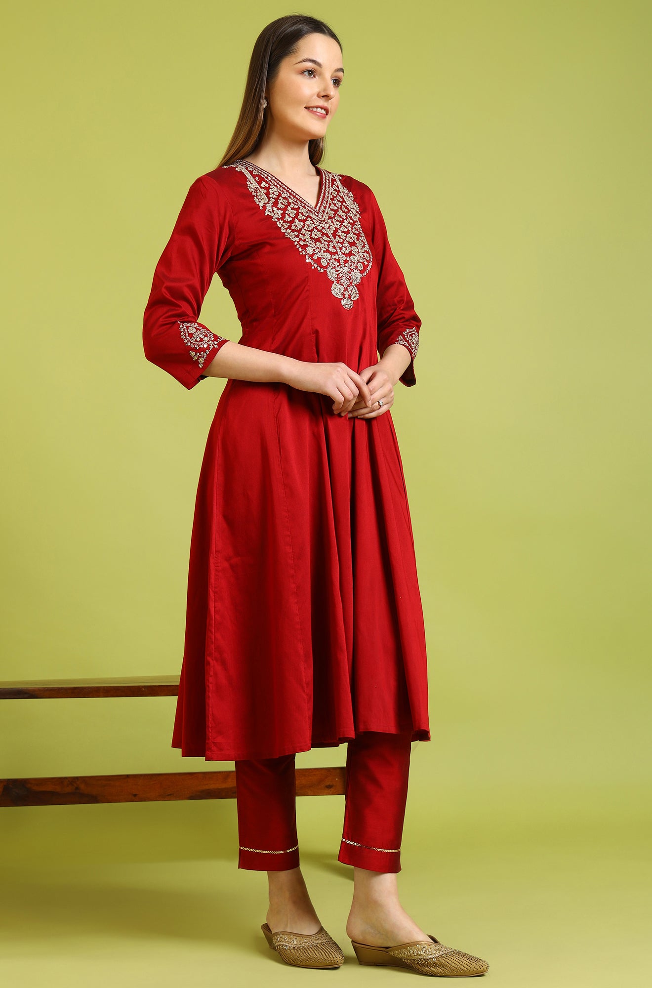 Dark Red Zari Embroidered Anarkali Kurta