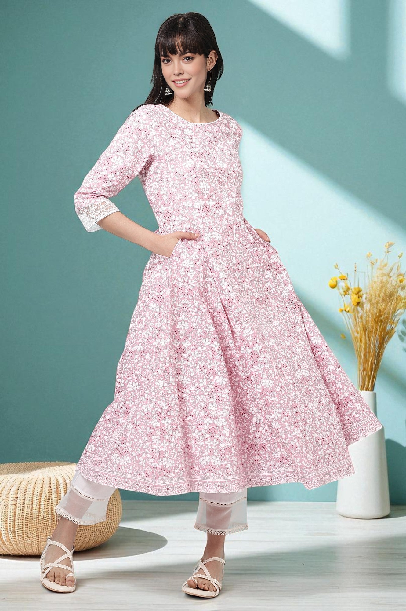 Pink Floral Printed Pure Cotton Anarkali Kurta