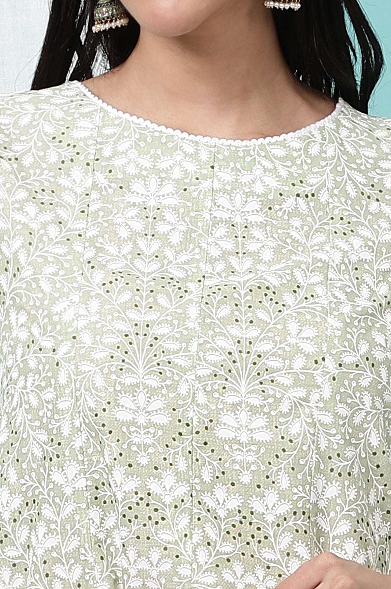 Green Floral Printed Pure Cotton Anarkali Kurta