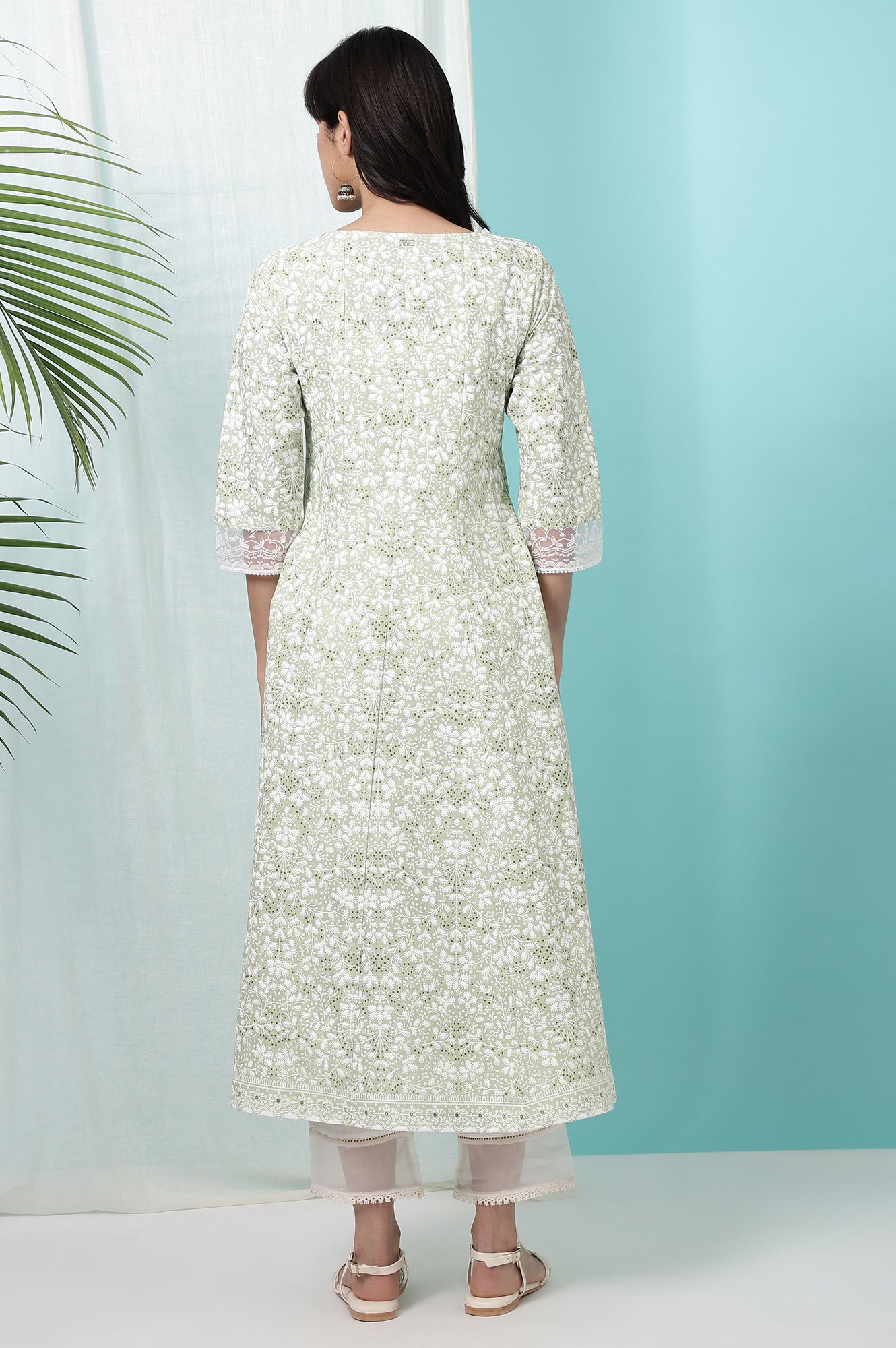 Green Floral Printed Pure Cotton Anarkali Kurta