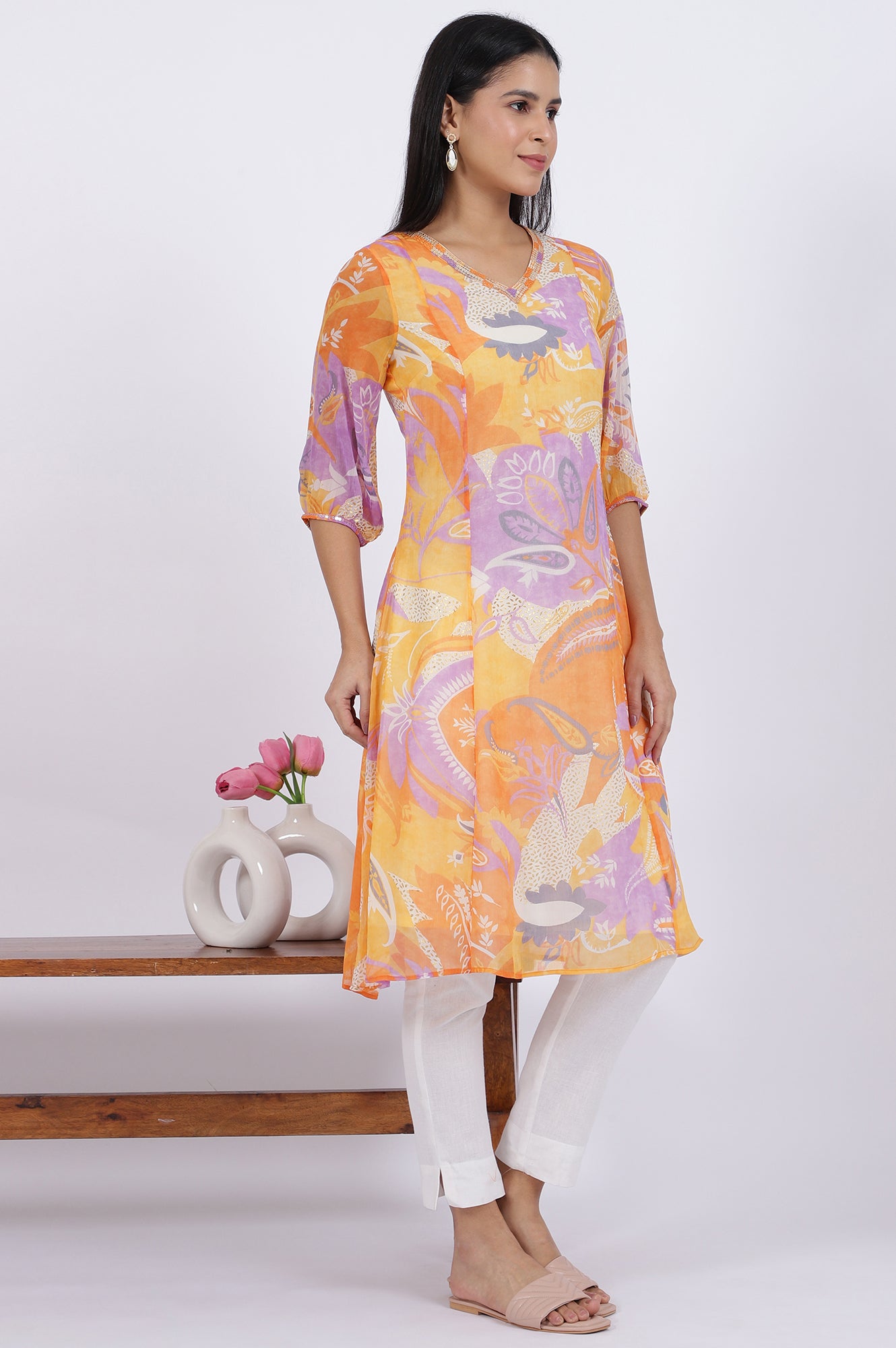Orange Printed A-Line Chiffon Kurta