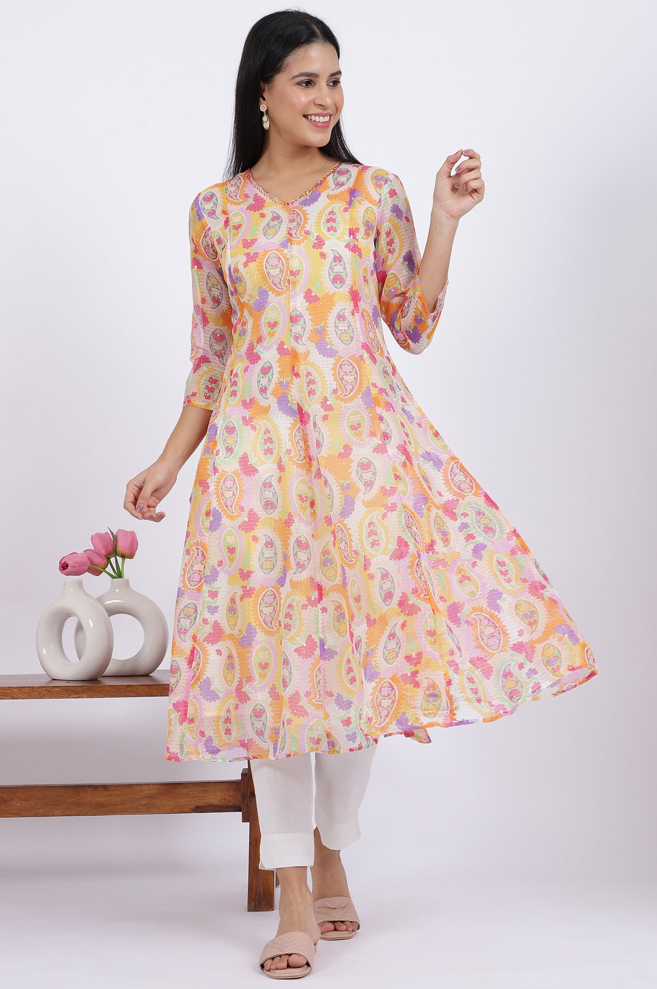Printed Kota Doria Anarkali Kurta