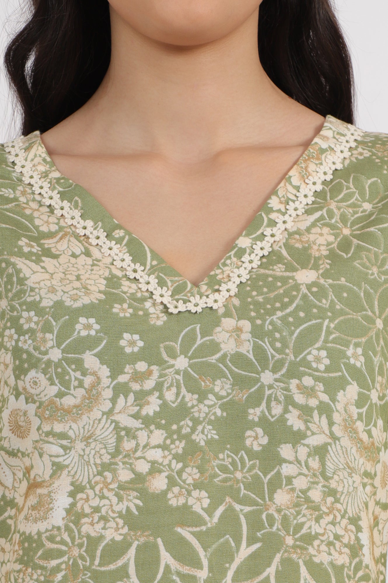 Sage Green Floral Printed Rayon Flax Straight Kurta with Lace