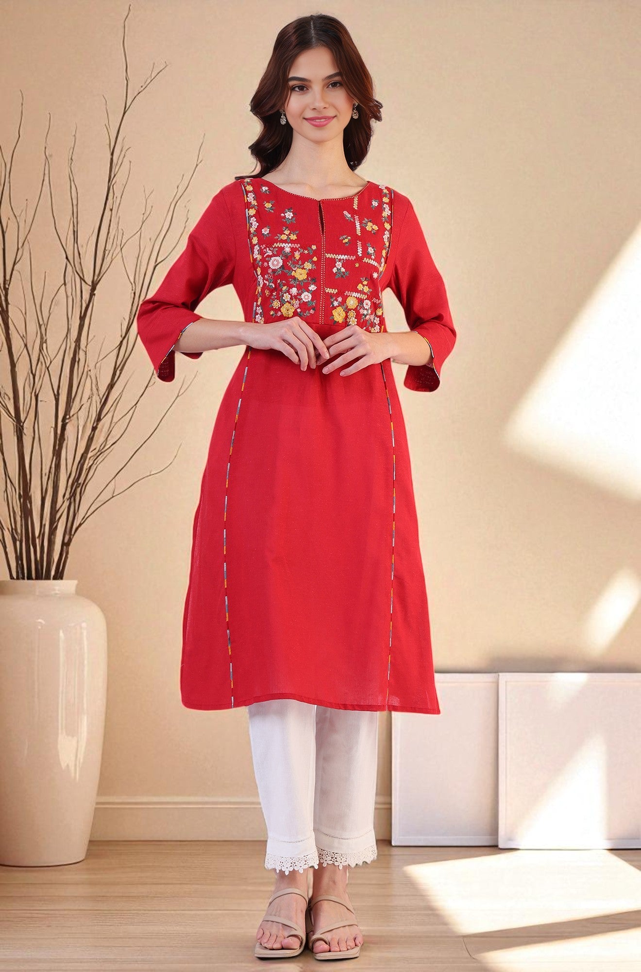 Women's Red Solid A Line Kurta Set