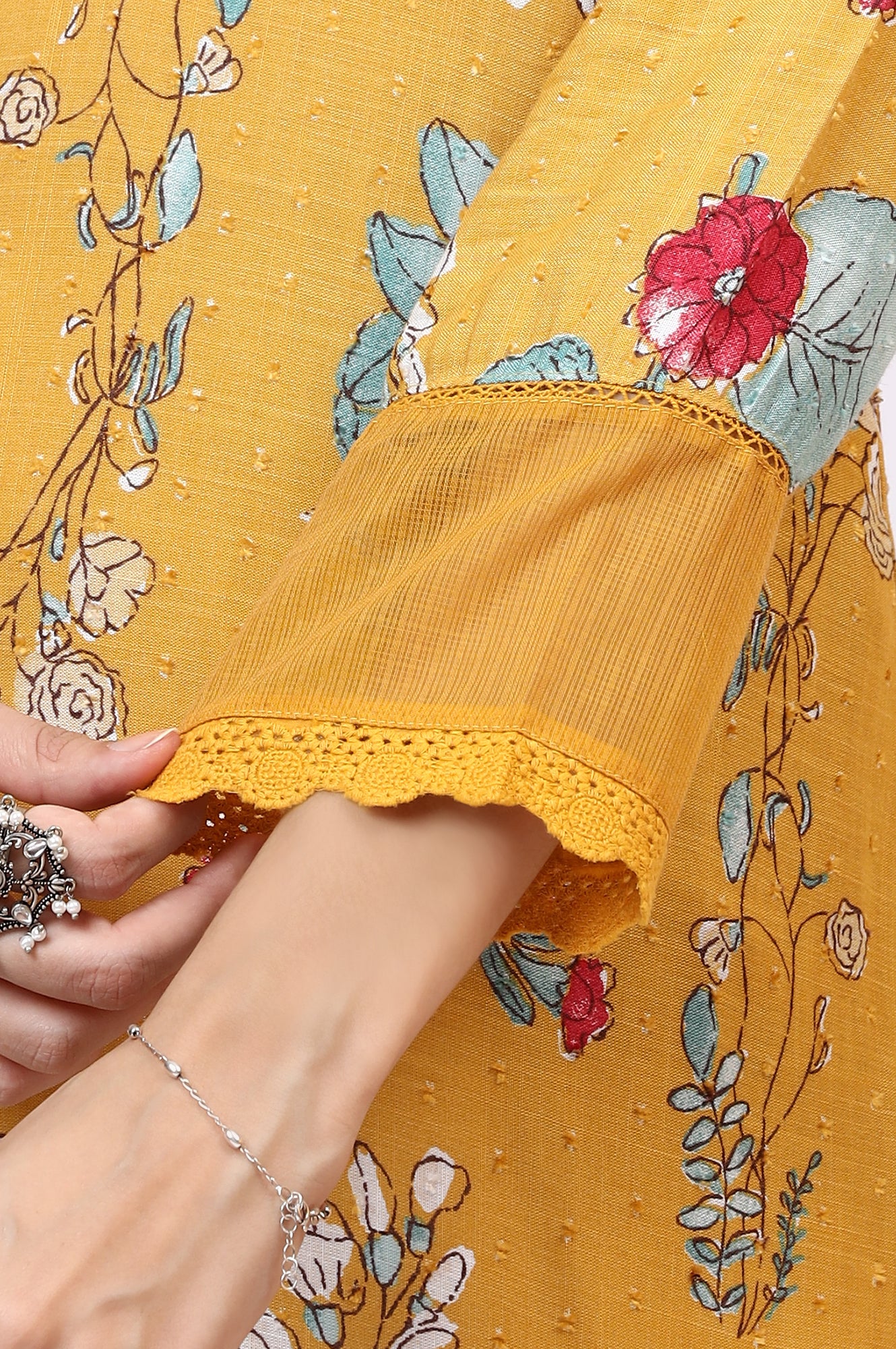 Yellow Floral Printed Swiss Dot Straight Kurta