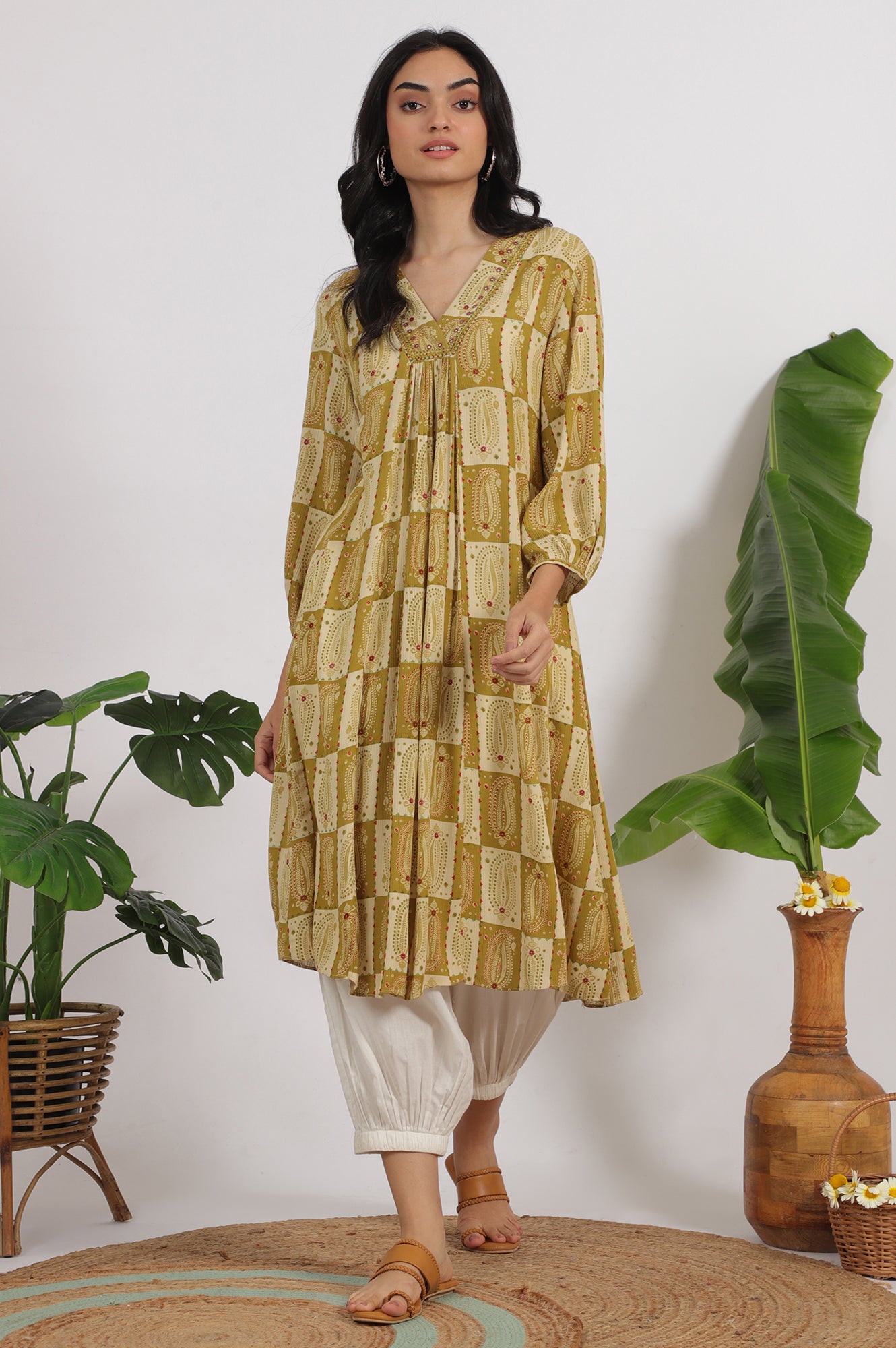Green Paisley Printed Cotton Crepe Kurta with Mirror Embroidery