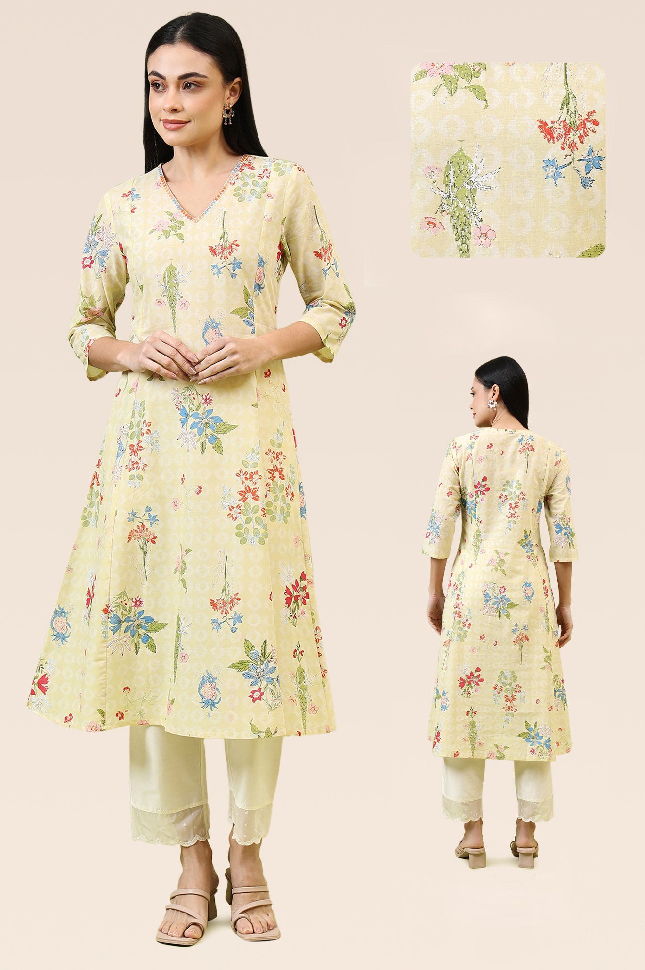 Cream Floral Printed Cotton A-Line  Kurta main image 0