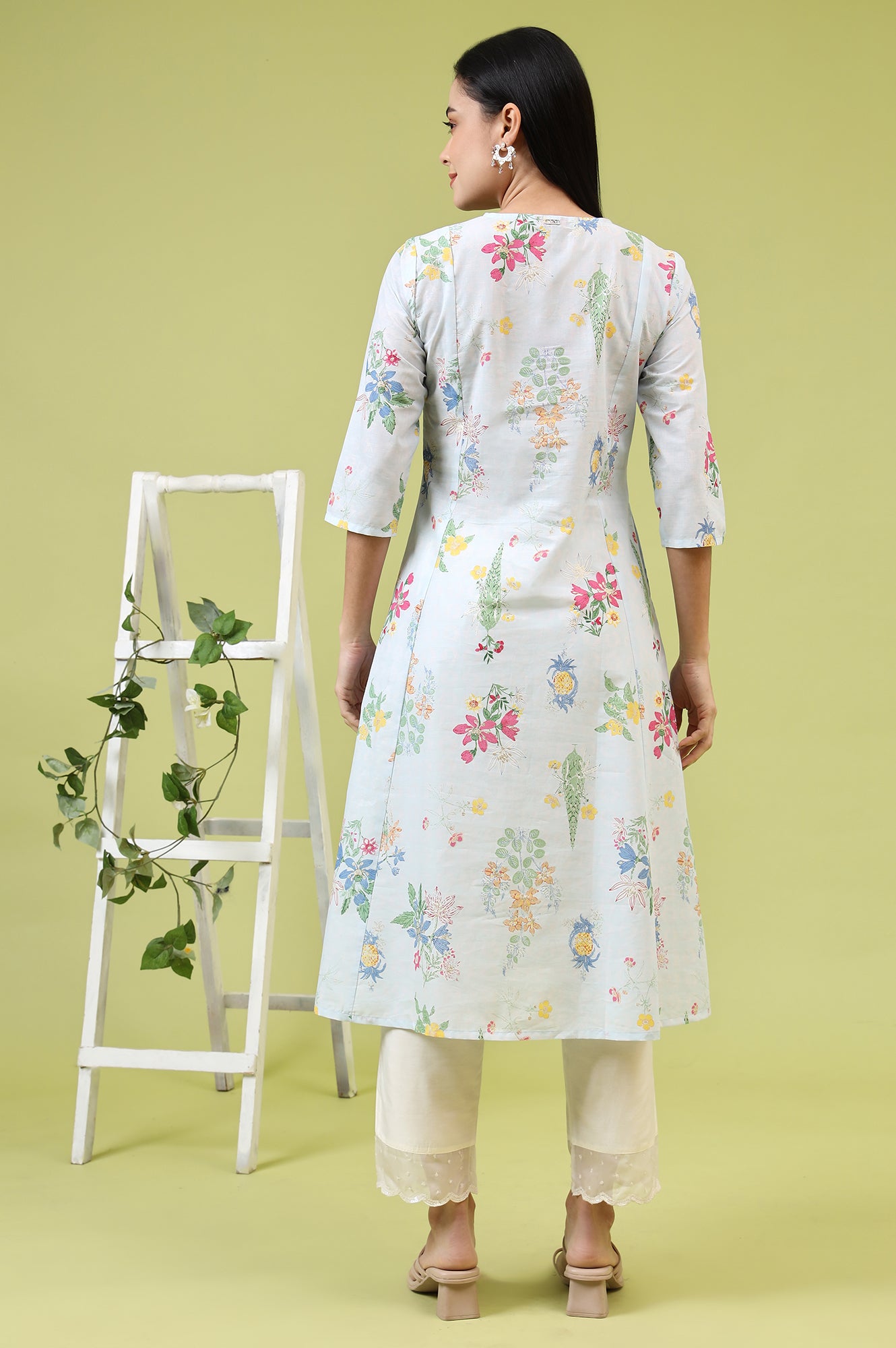 Blue Floral Printed Pure Cotton A-line Kurta with Thread Embroidery