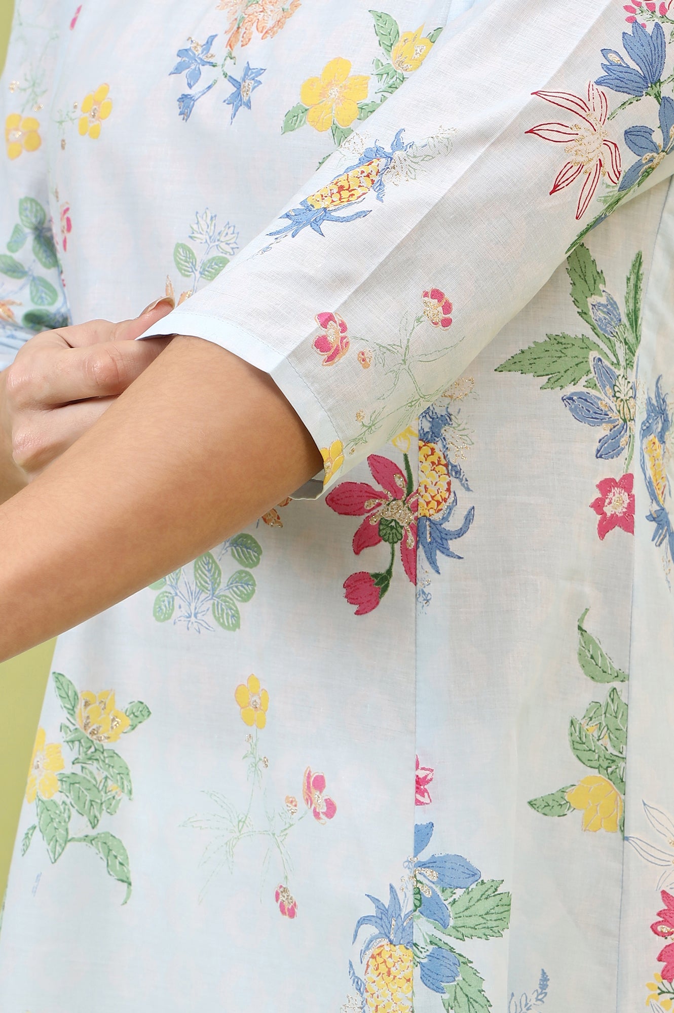 Blue Floral Printed Pure Cotton A-line Kurta with Thread Embroidery