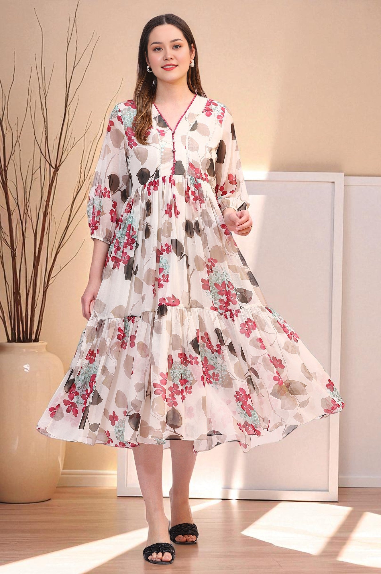 Off White Bold Floral Printed Chiffon Tiered Dress – wforwoman
