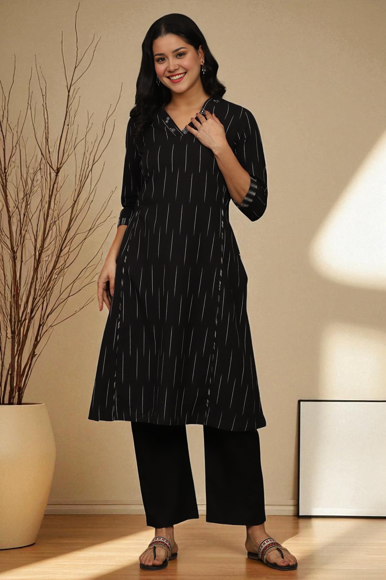 Black Yarn Dyed Floral Embroidered Pure Cotton Straight Kurta