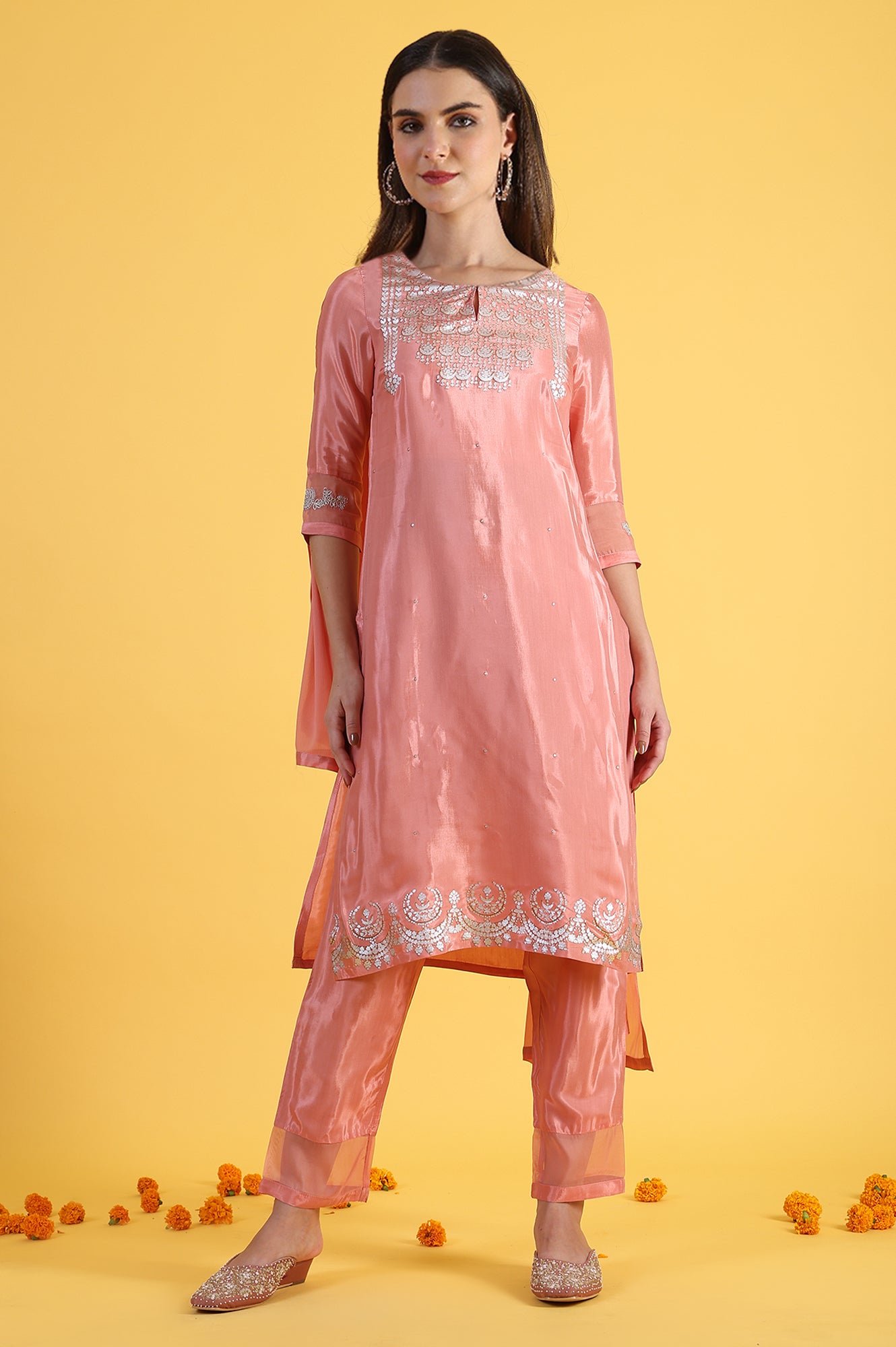 Pink Printed Shantung Straight Kurta in Keyhole Neck