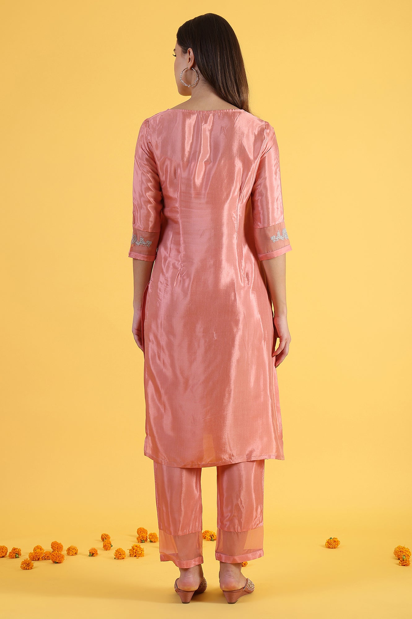 Pink Printed Shantung Straight Kurta in Keyhole Neck